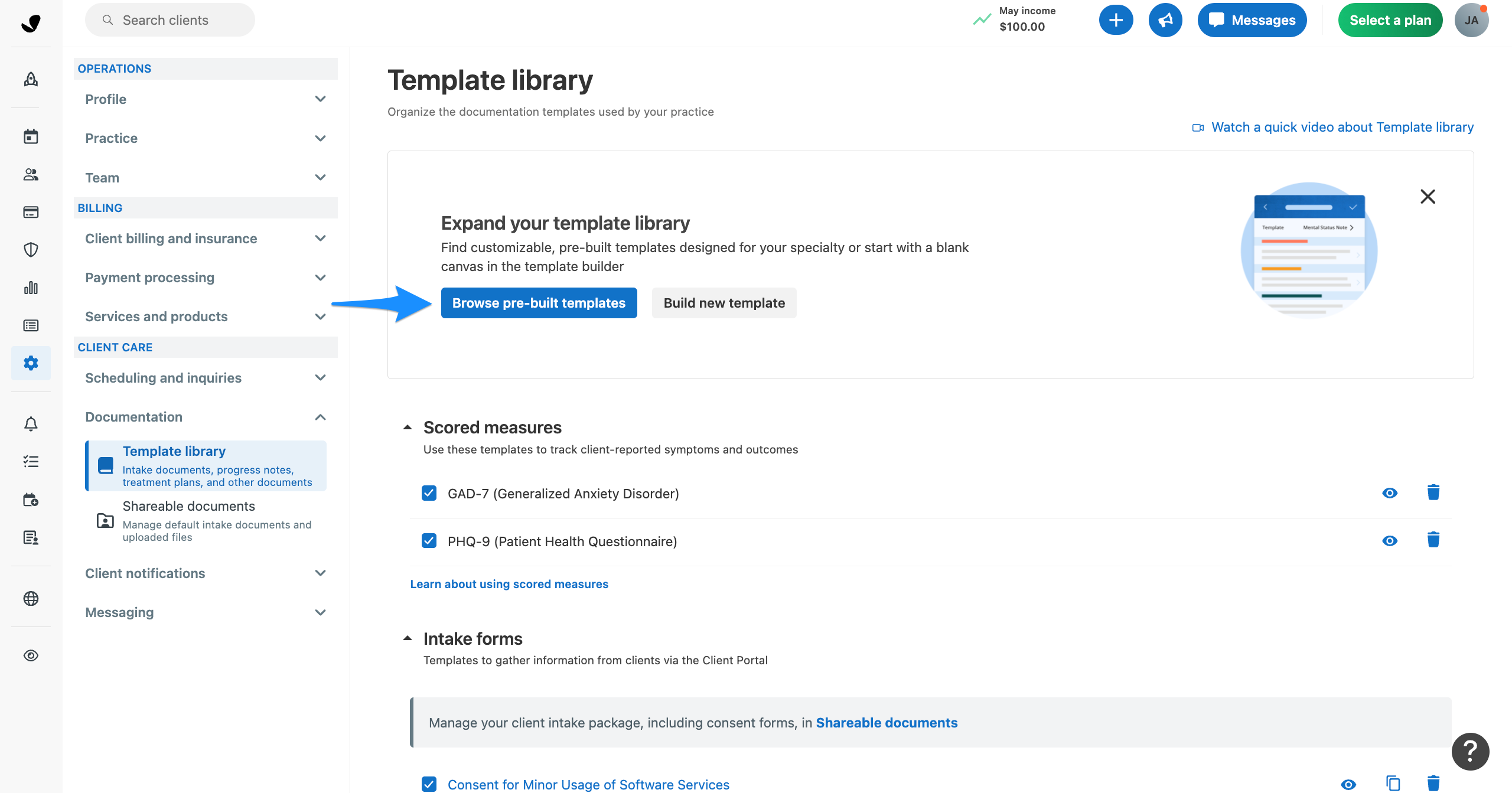 emplate library page with a blue arrow pointing to the Browse pre-built templates button