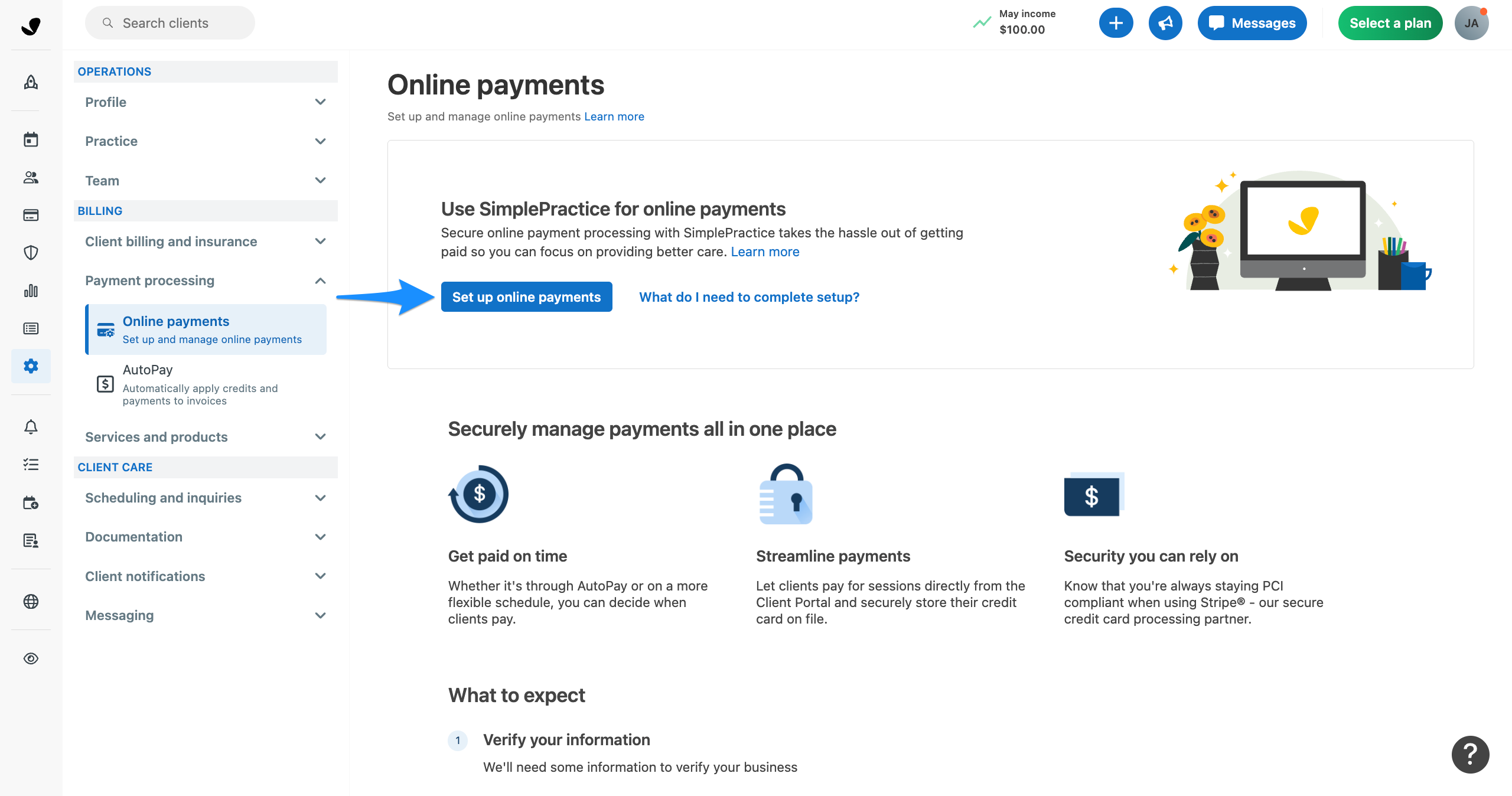 Online payments settings page with a blue arrow pointing to the Set up online payments button.