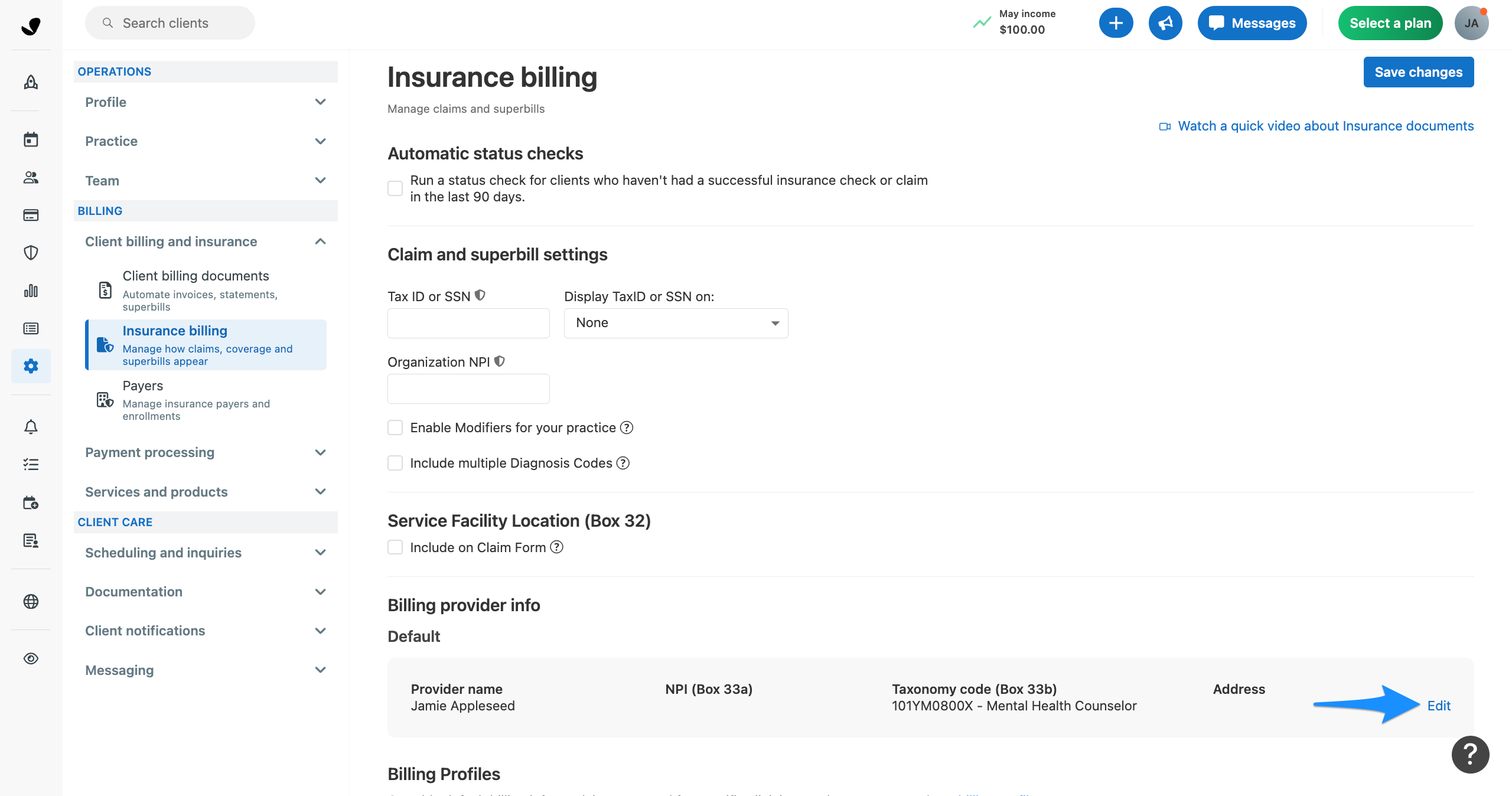 Insurance billing settings page with a blue arrow pointing to the Edit link in the Billing provider info section.