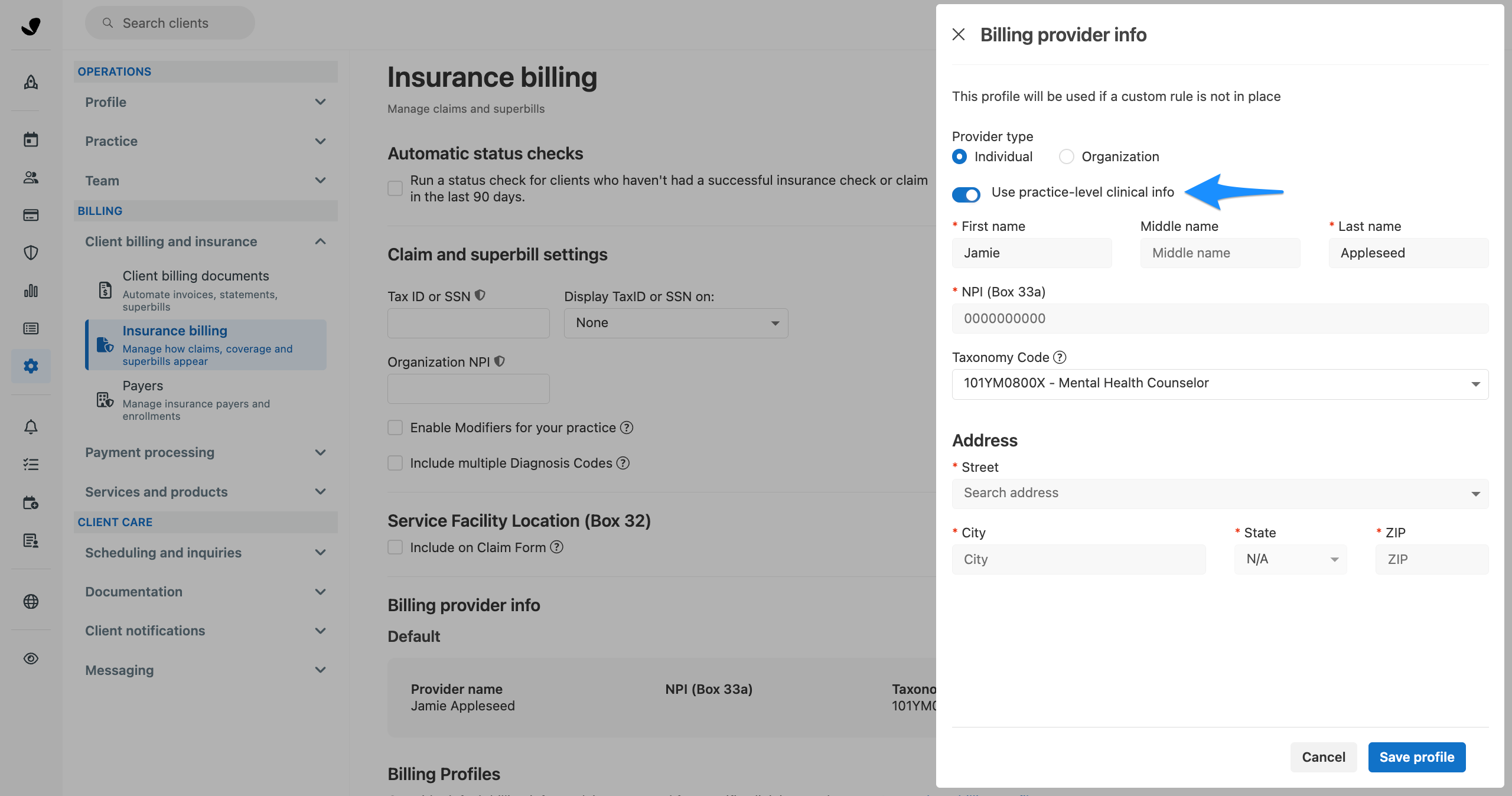 Billing provider info flyout with a blue arrow pointing to the Use practice-level clinical info toggle.