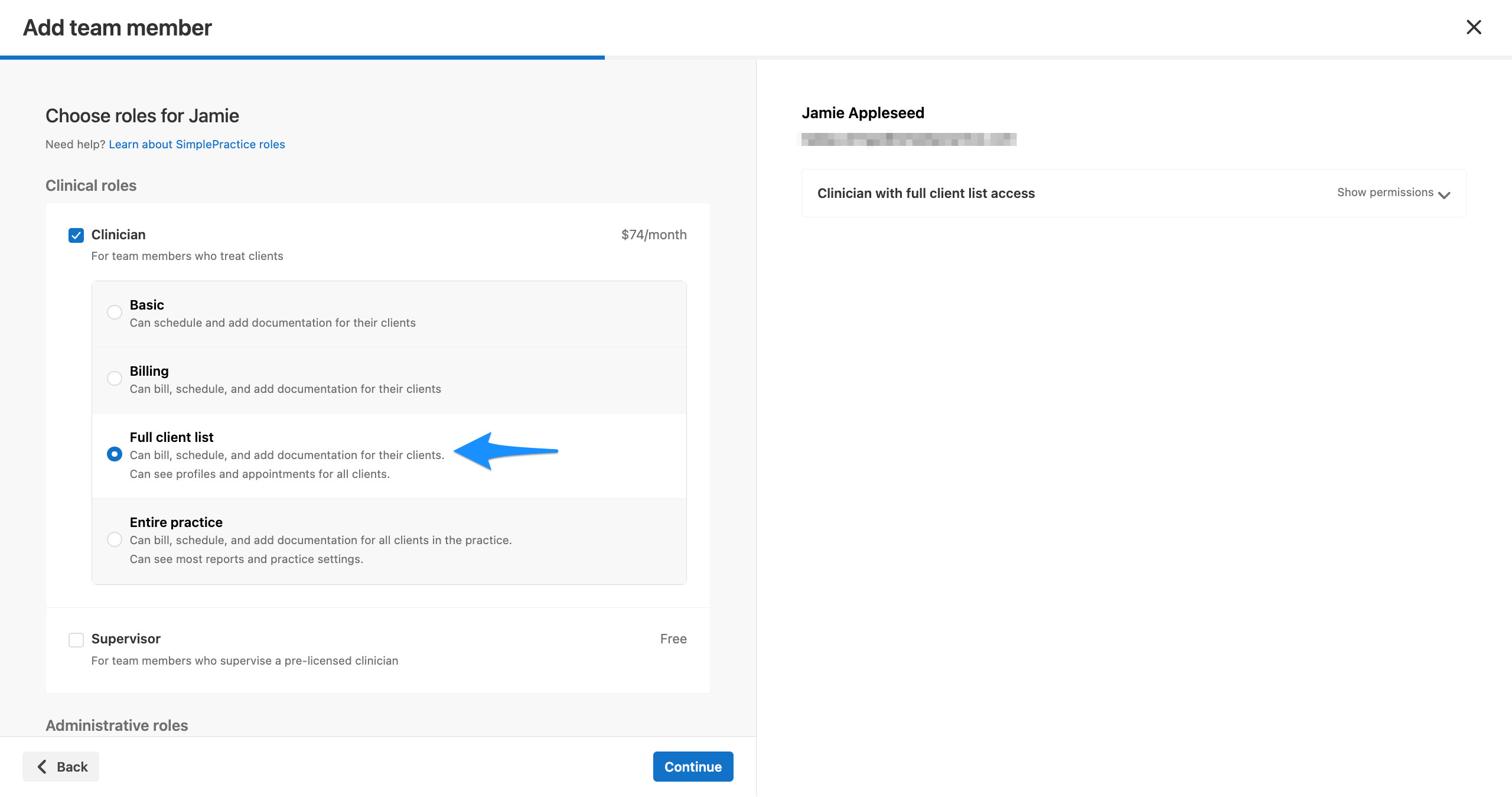 Add team member modal with a blue arrow pointing to the Full client list clinician role option.