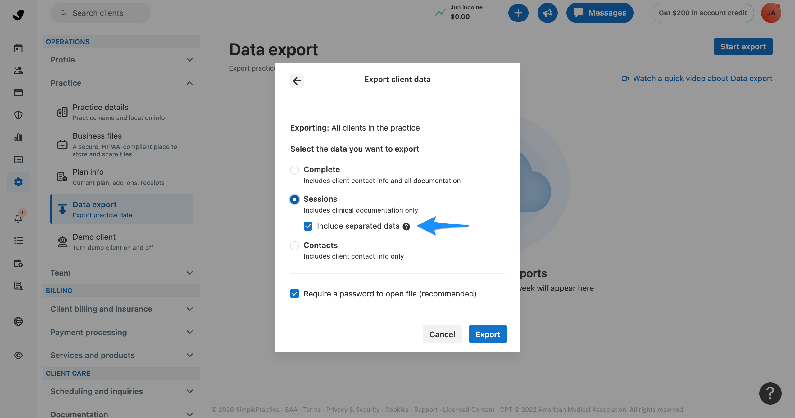Data export modal with a blue arrow pointing to the Include separated data checkbox in the export options.