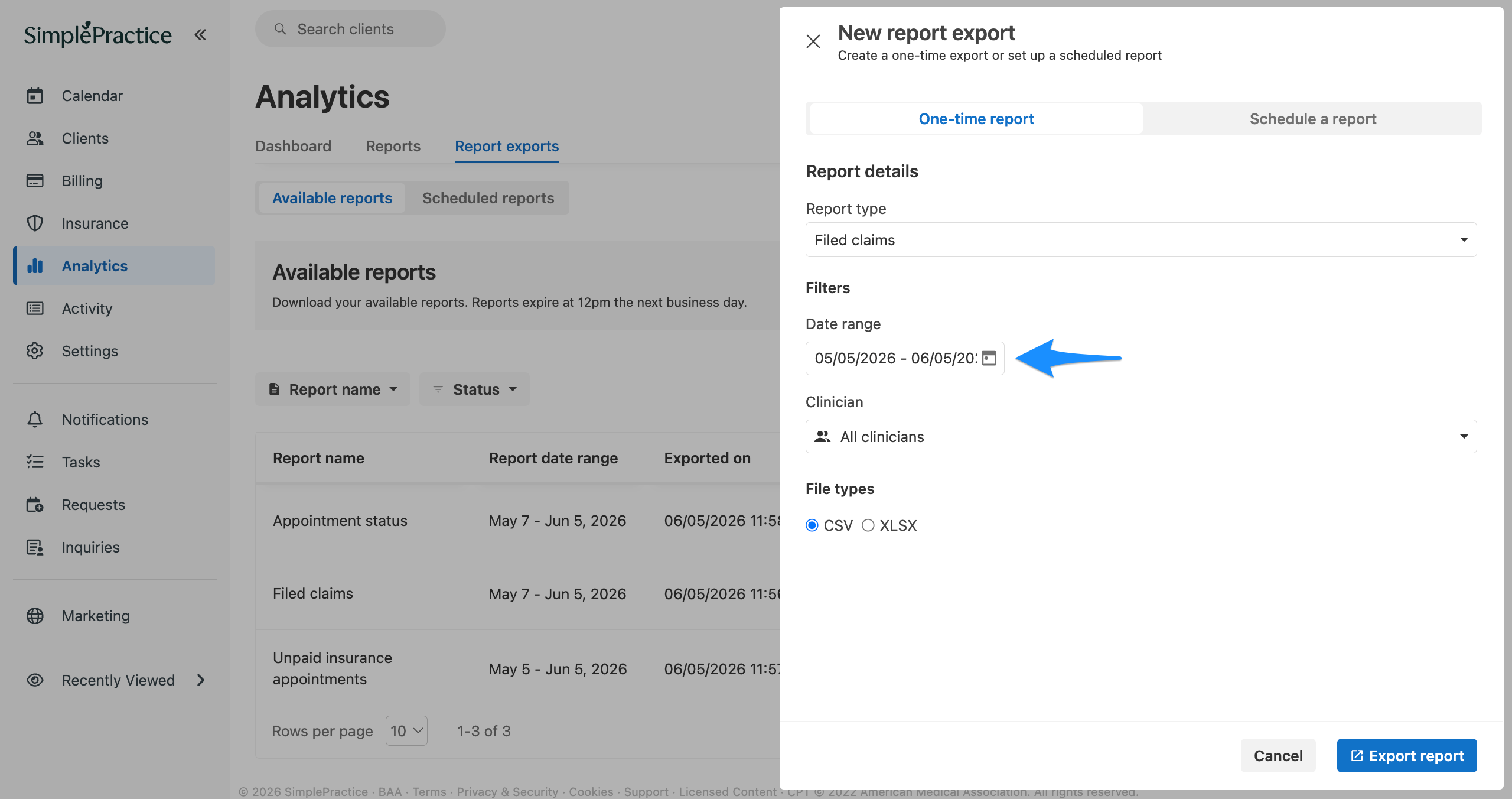 New report export flyout with a blue arrow pointing to the Date range field in the Filters section.