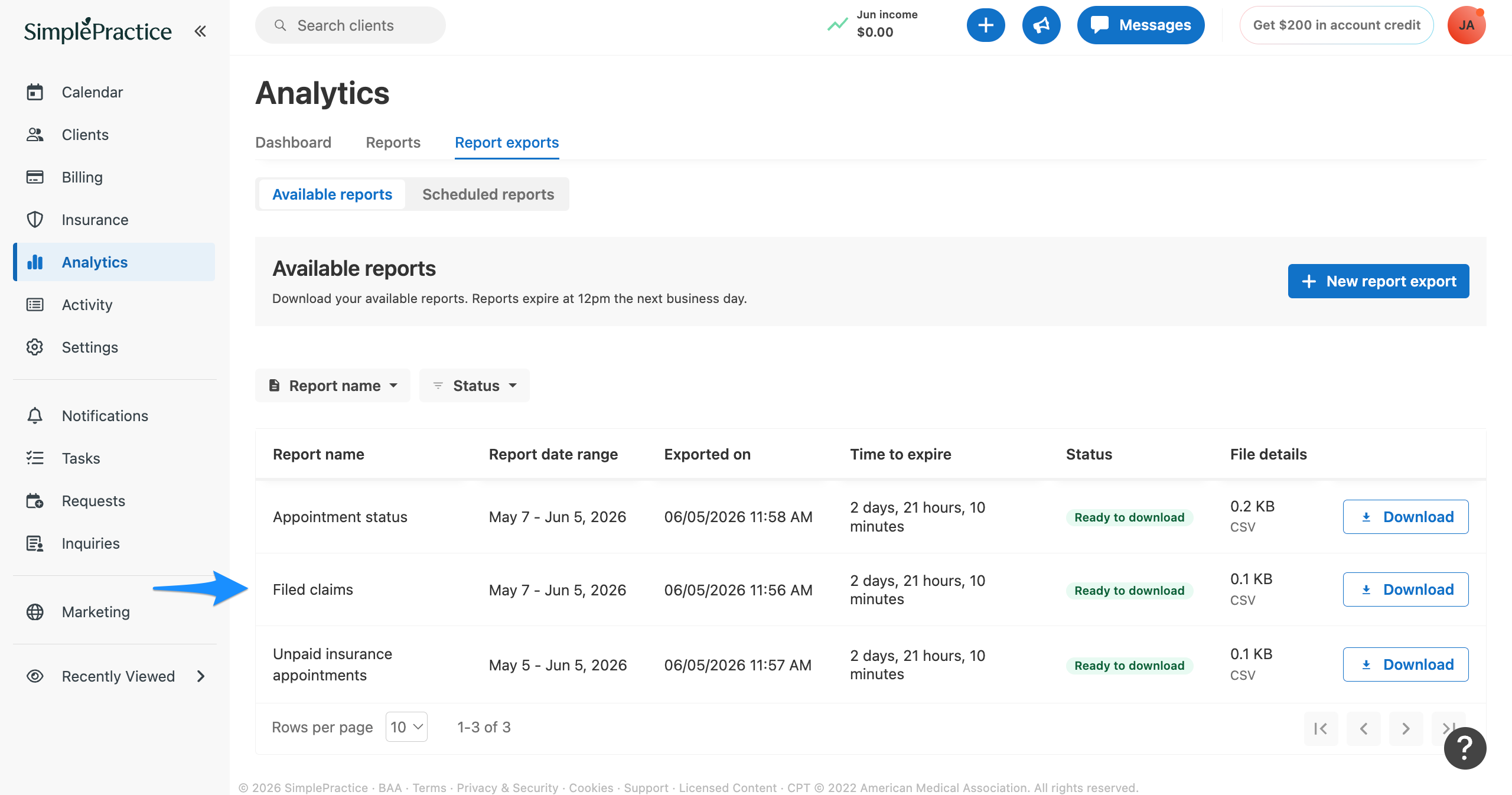 Analytics Available reports page with a blue arrow pointing to the Filed claims report row.
