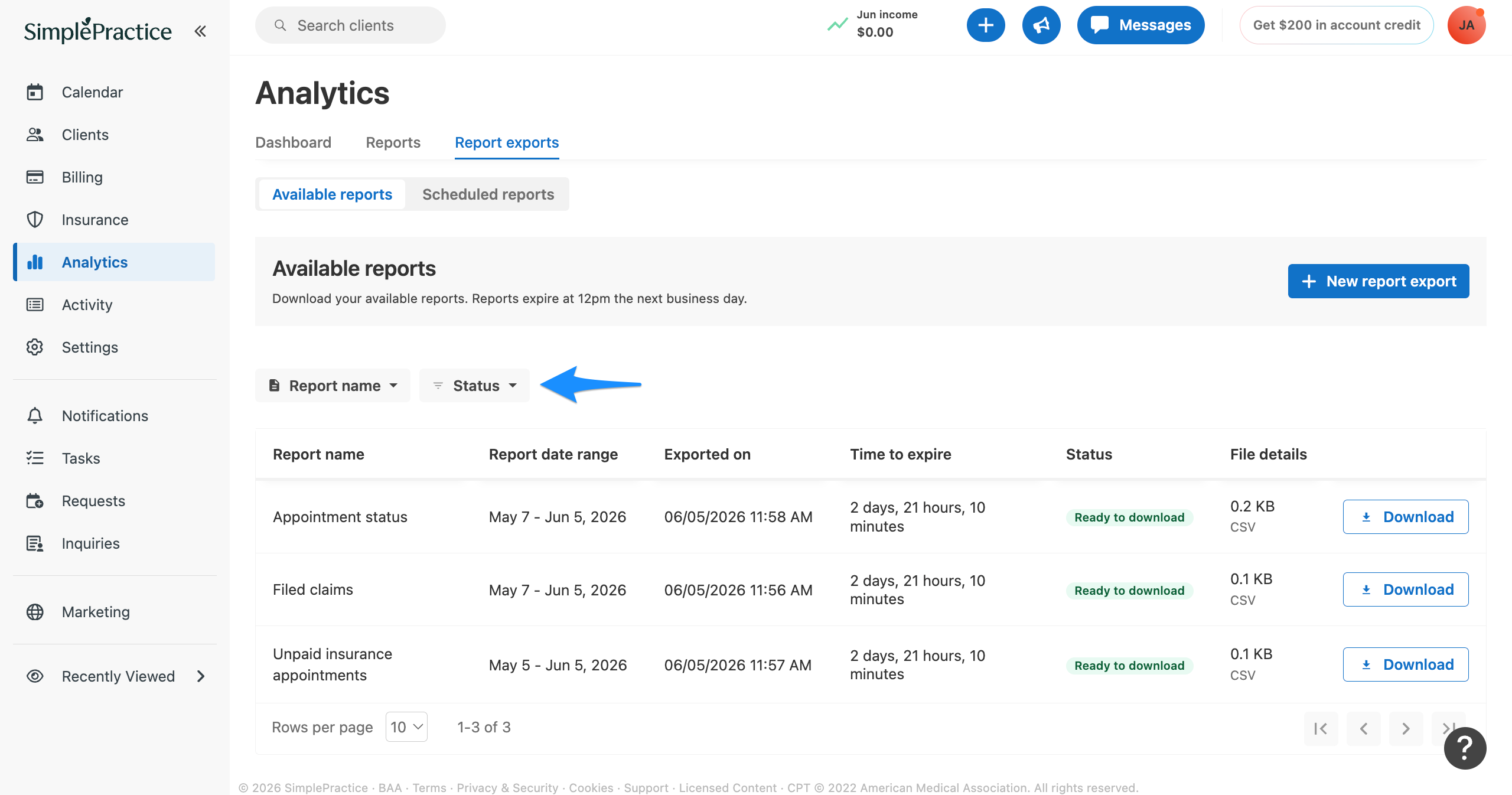Analytics Available reports page with a blue arrow pointing to the Report name and Status filter dropdown.