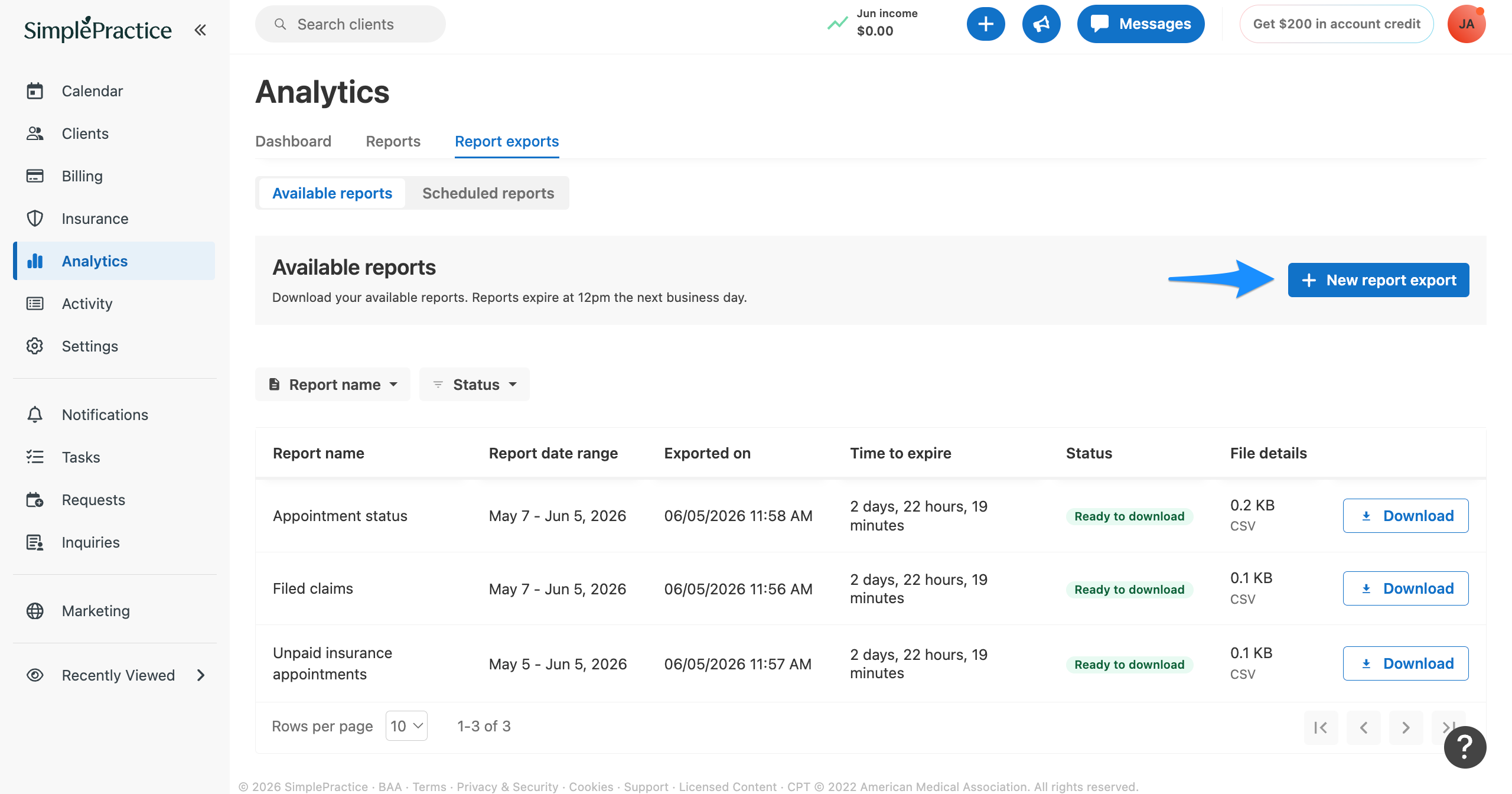 Analytics Report exports page with a blue arrow pointing to the New report export button.