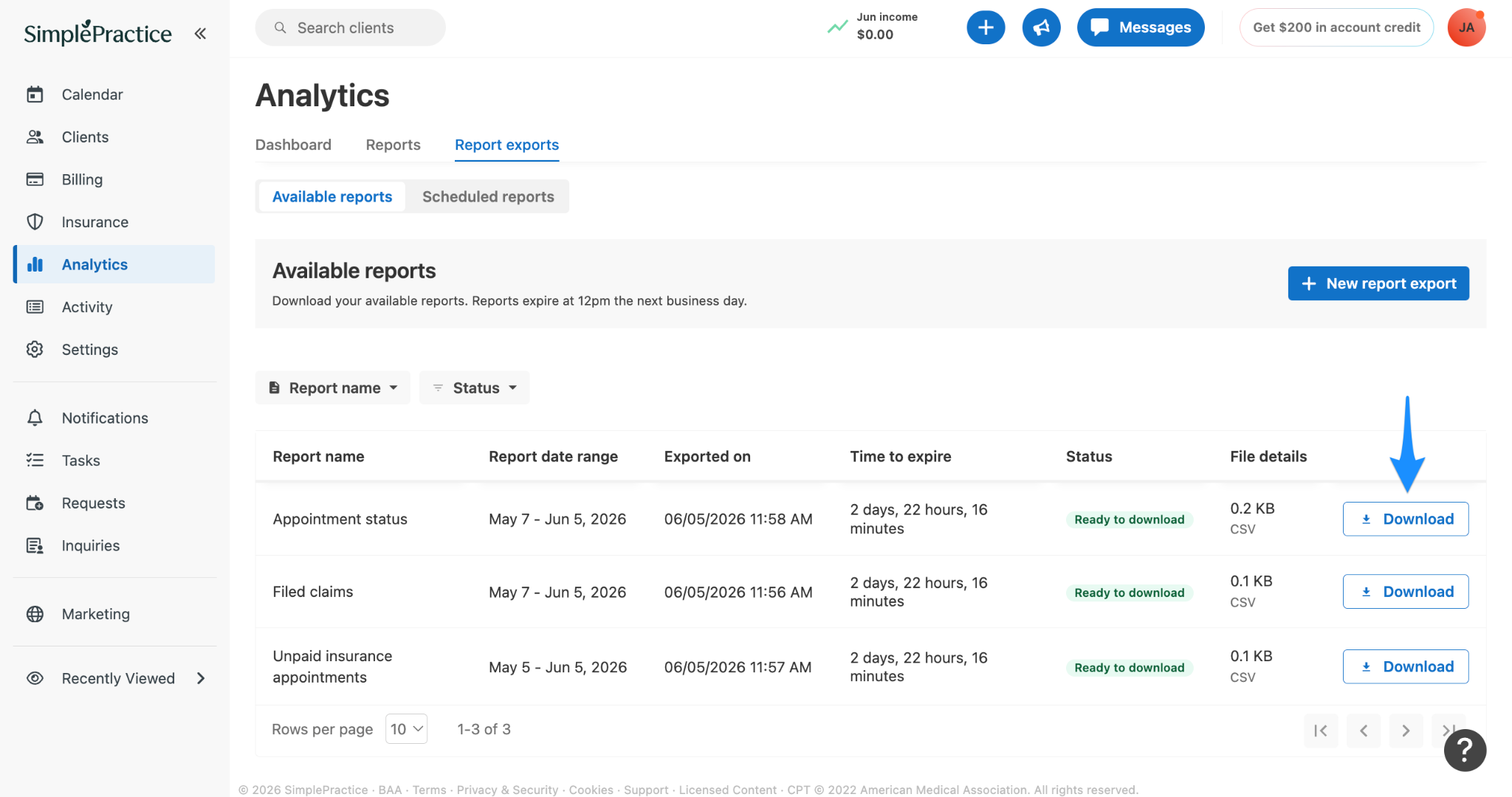 Analytics Available reports page with a blue arrow pointing to the Download button for a export.