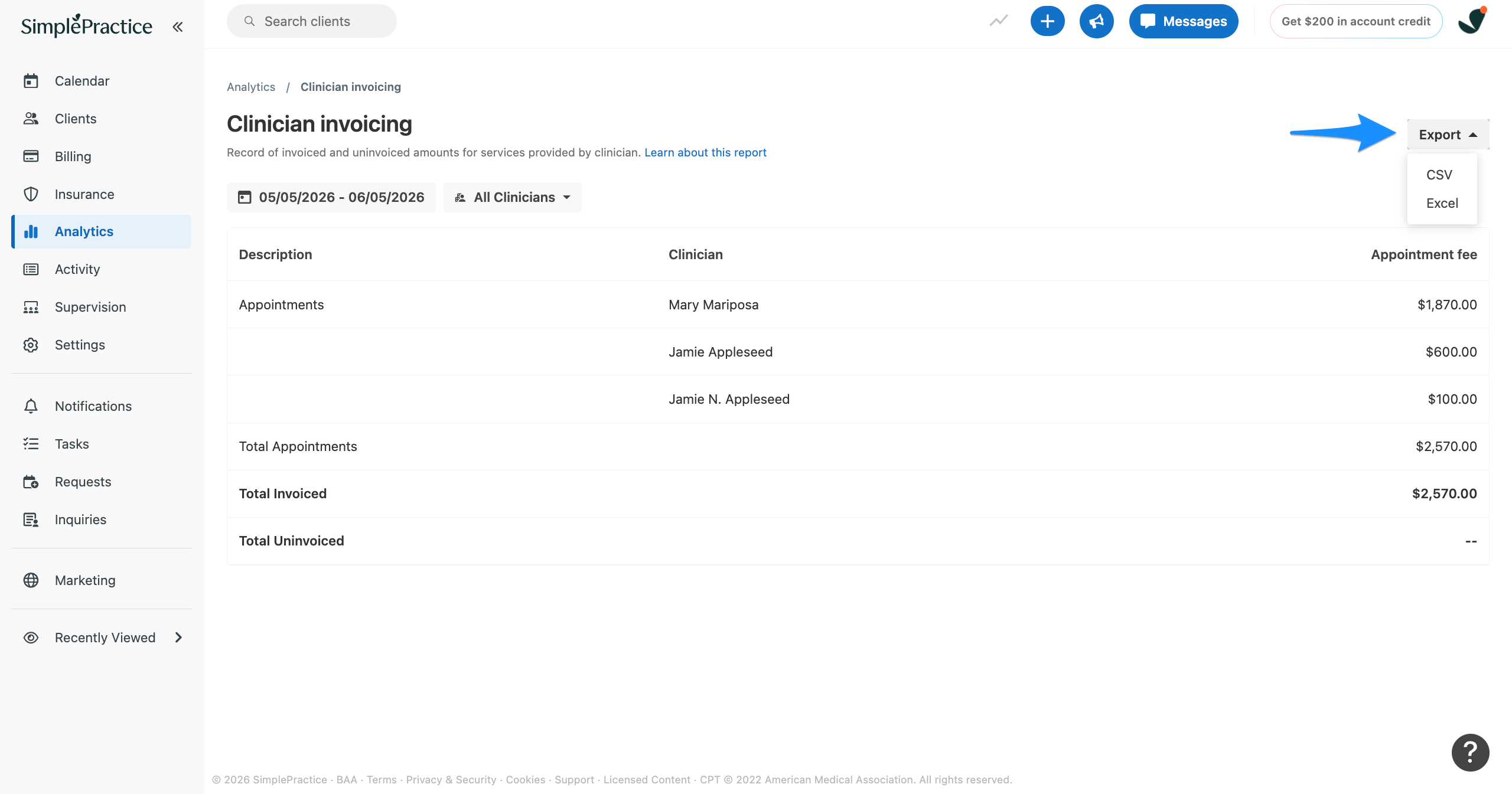 Clinician invoicing report page with a blue arrow pointing to the Export dropdown menu.