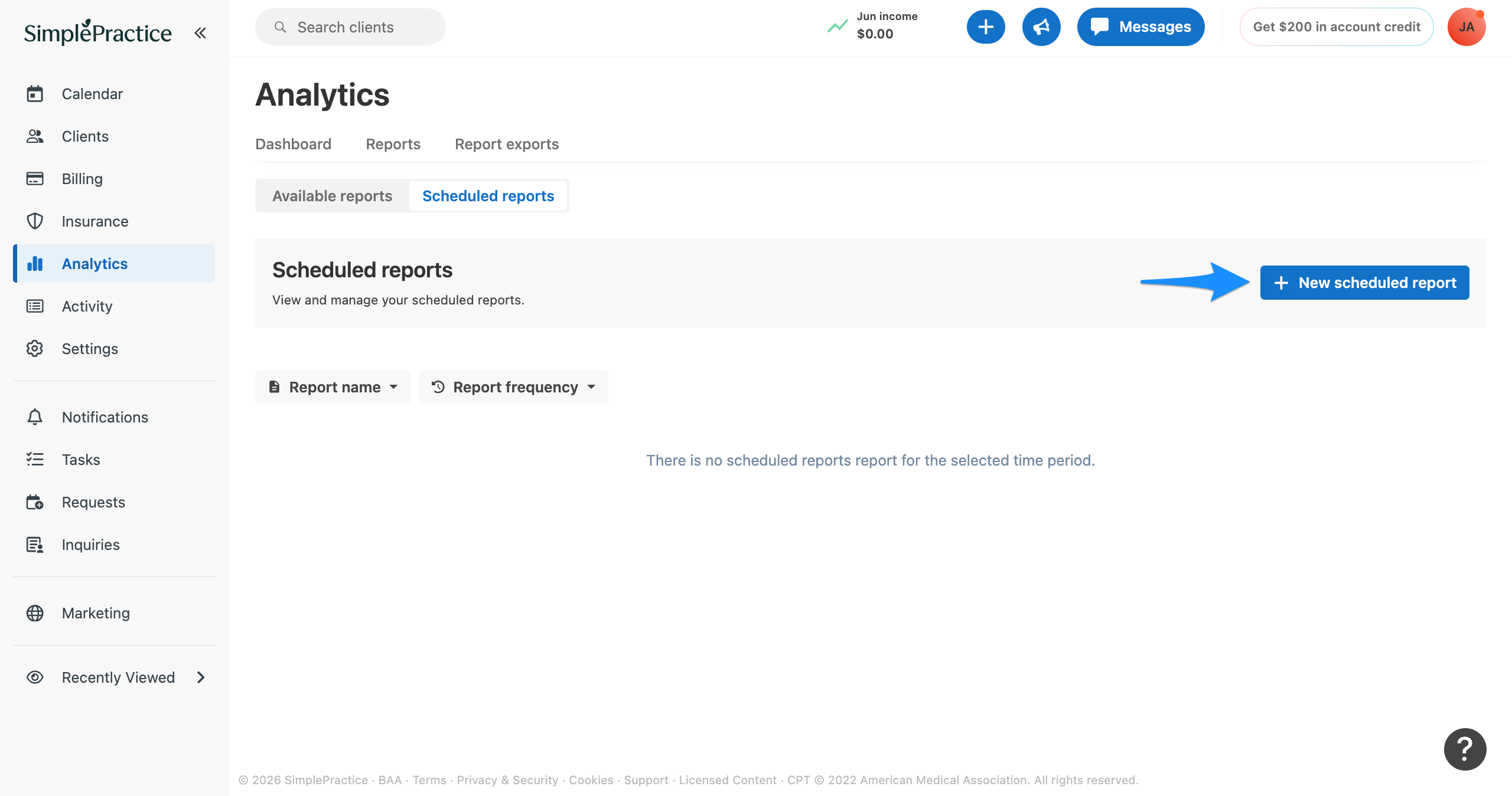 Analytics Scheduled reports page with a blue arrow pointing to the New scheduled report button.
