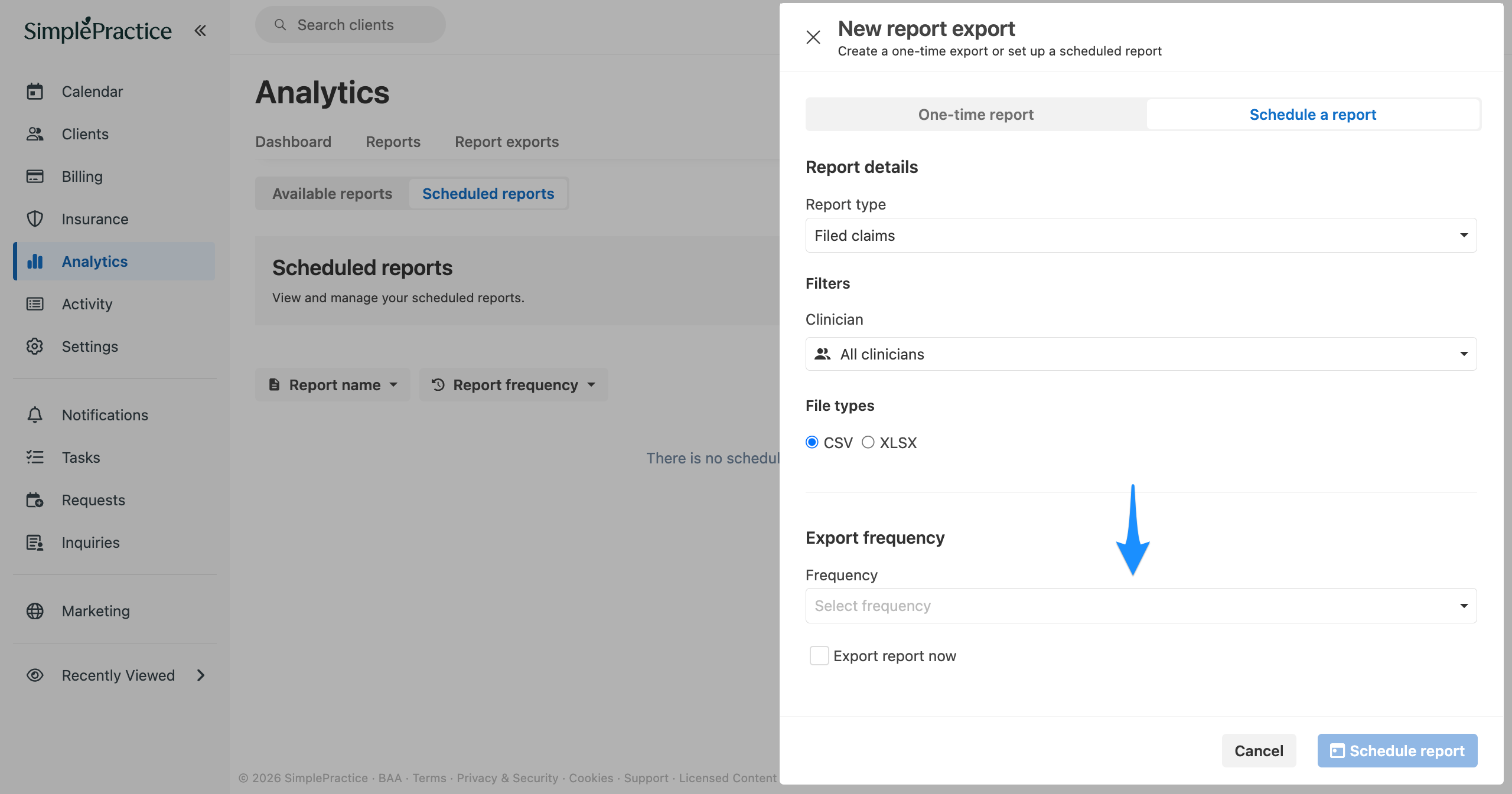 New report export flyout with a blue arrow pointing to the Frequency dropdown in the Export frequency section.