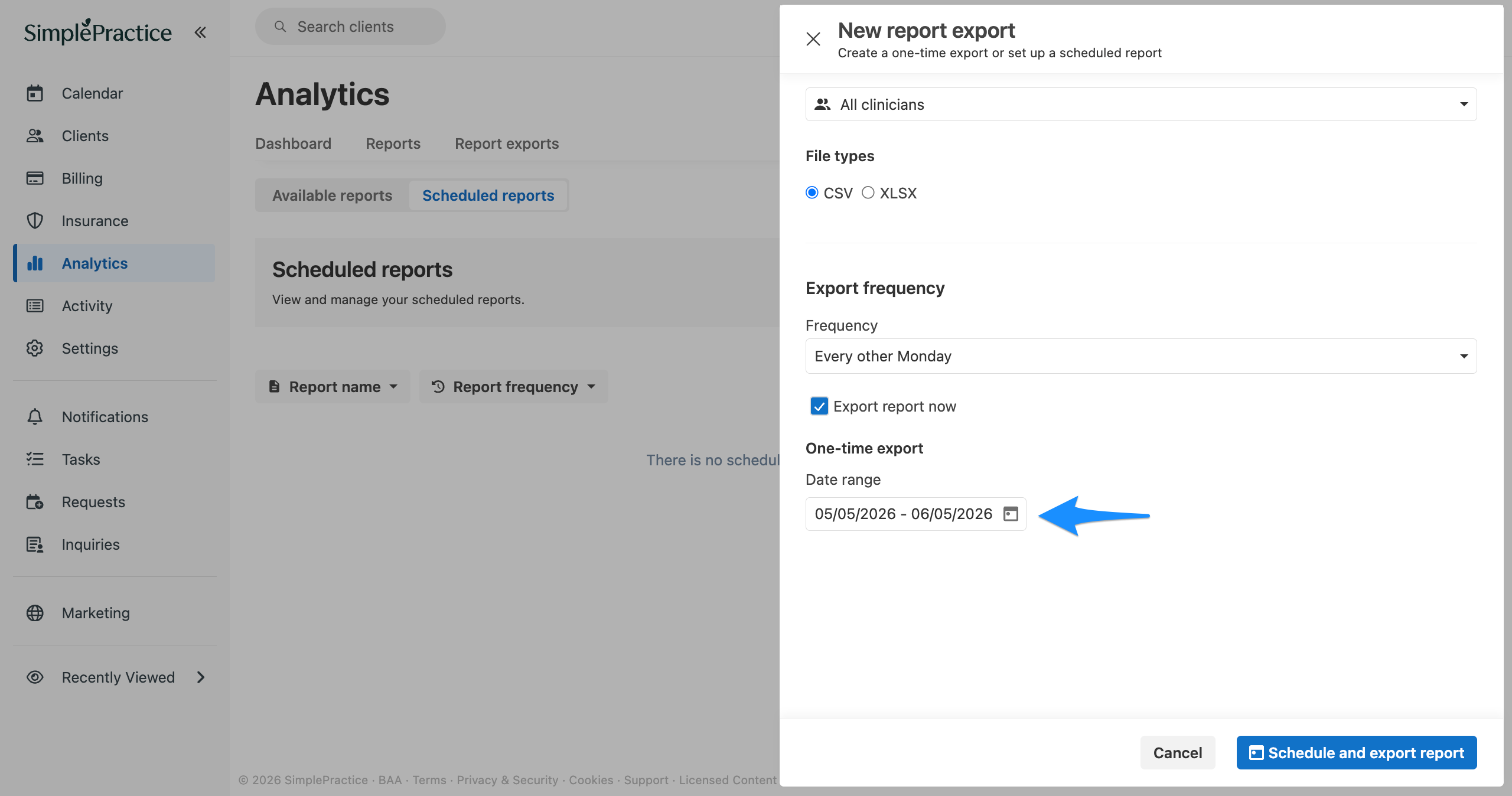 New report export flyout with a blue arrow pointing to the Date range field in the One-time export section.
