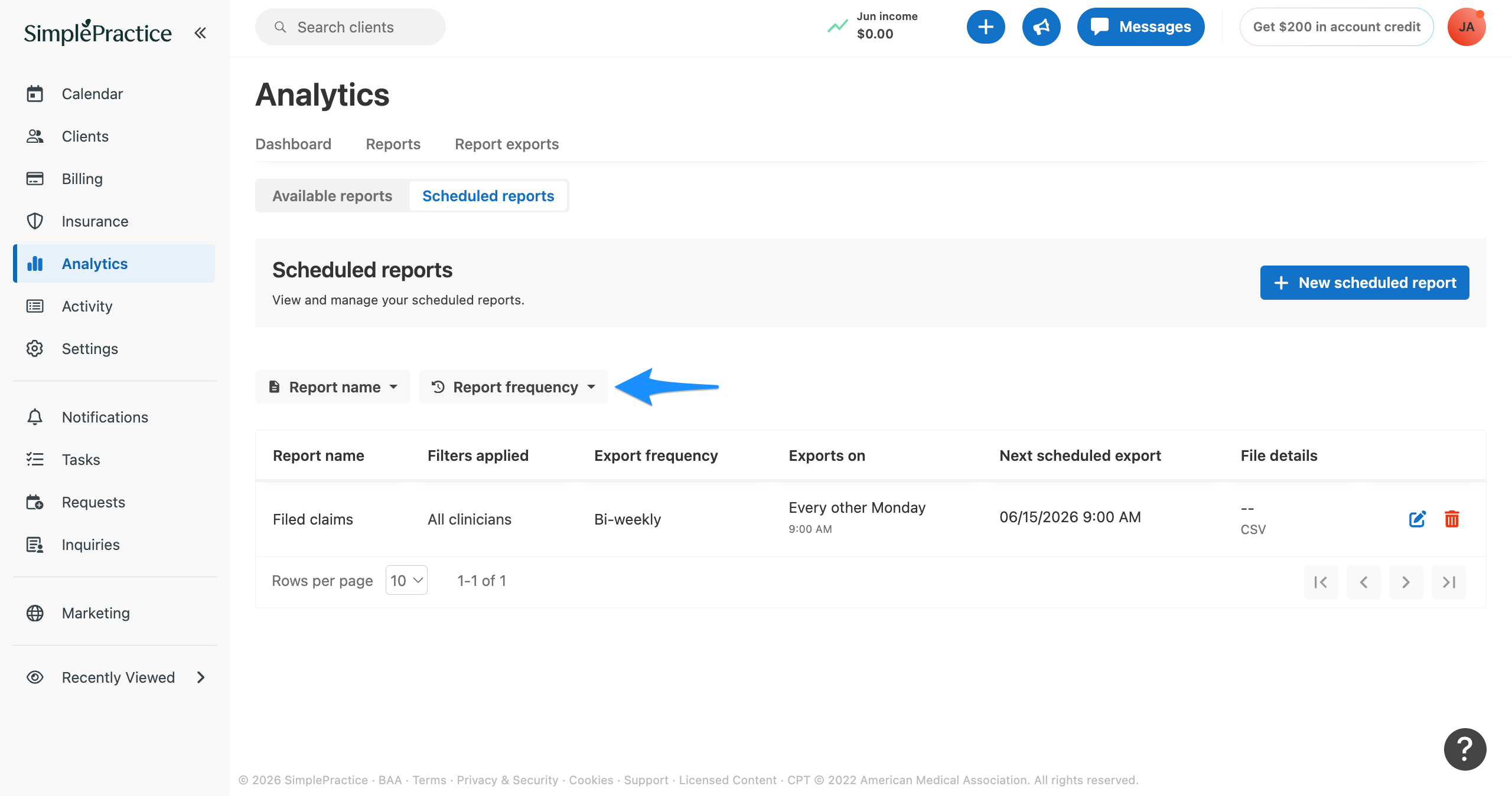 Analytics Scheduled reports page with a blue arrow pointing to the Report name and Report frequency filter dropdowns.