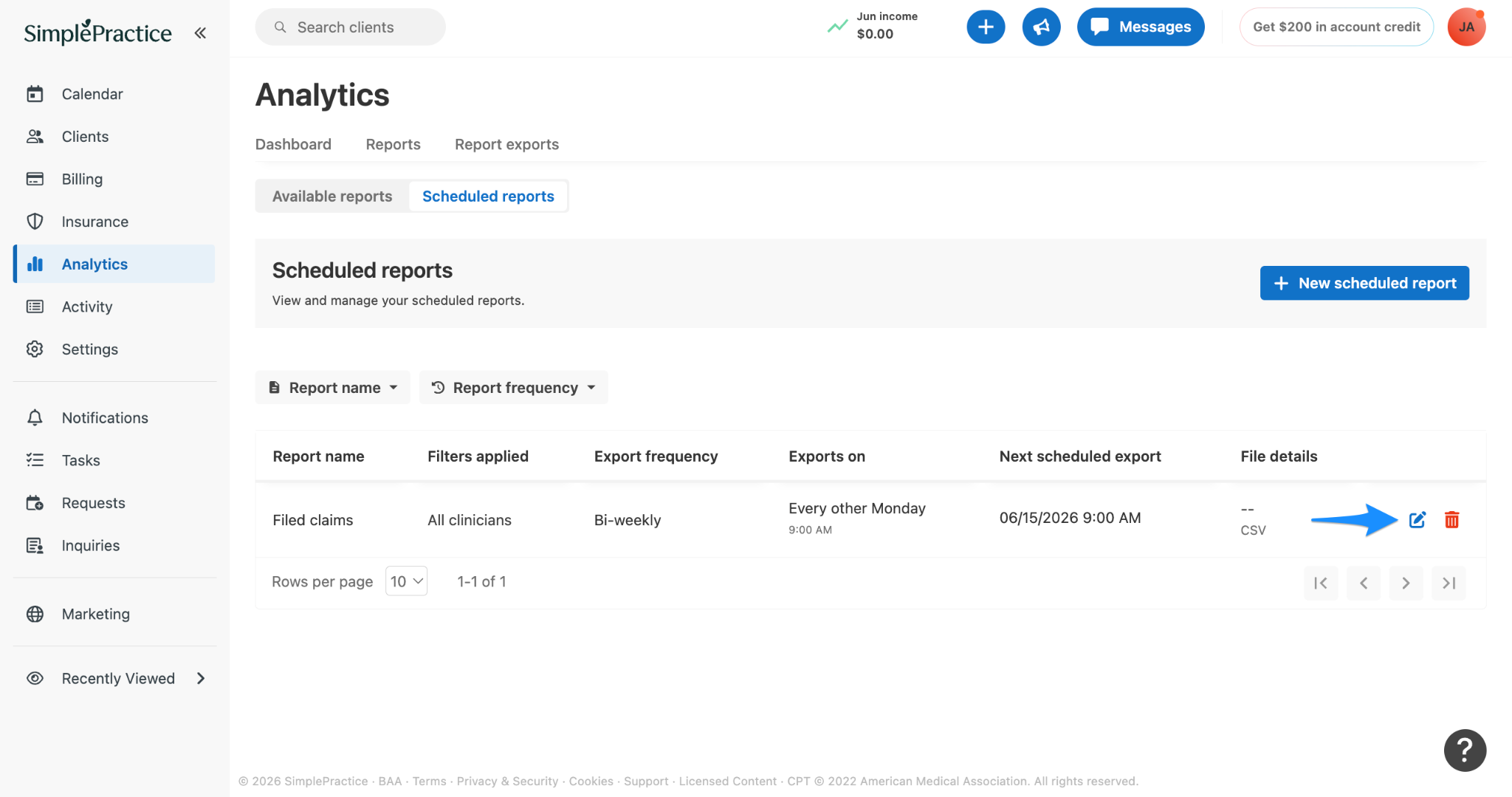 Analytics Scheduled reports page with a blue arrow pointing to the Edit scheduled report and Delete scheduled report icons.