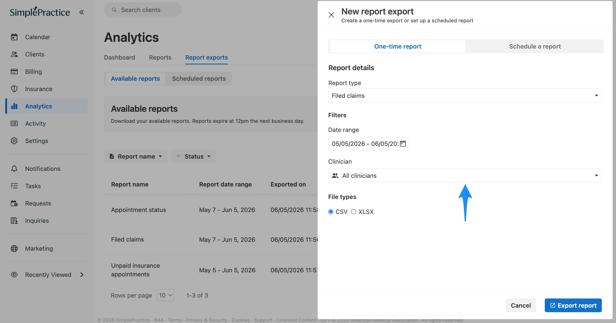 New report export flyout with a blue arrow pointing to the Clinician filter dropdown.