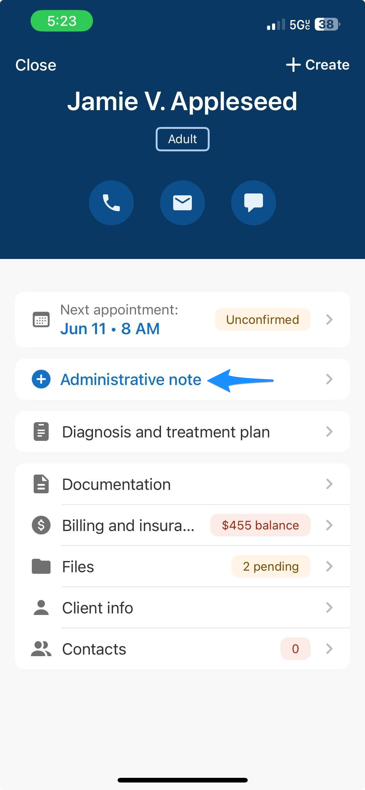 Blue arrow points to + Administrative note on the client Overview screen.