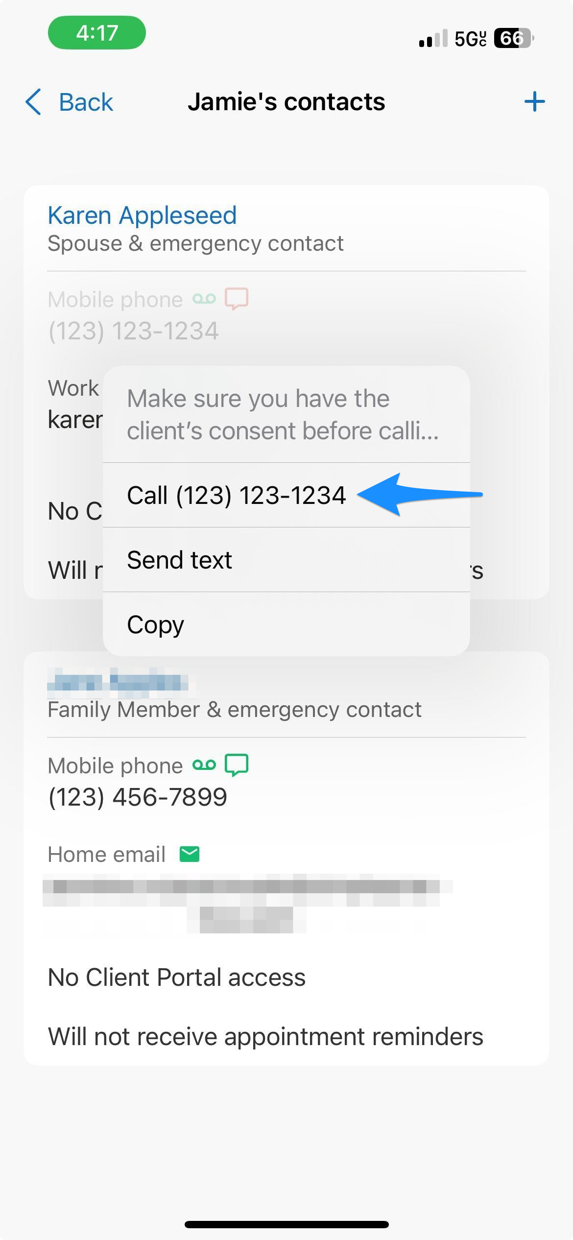 Blue arrow points to the Call option in the contact phone number action menu on the client's Contacts screen.
