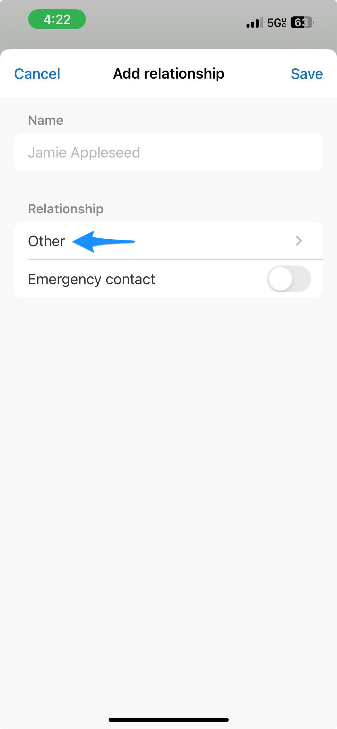 Blue arrow points to the Relationship field when adding a contact.