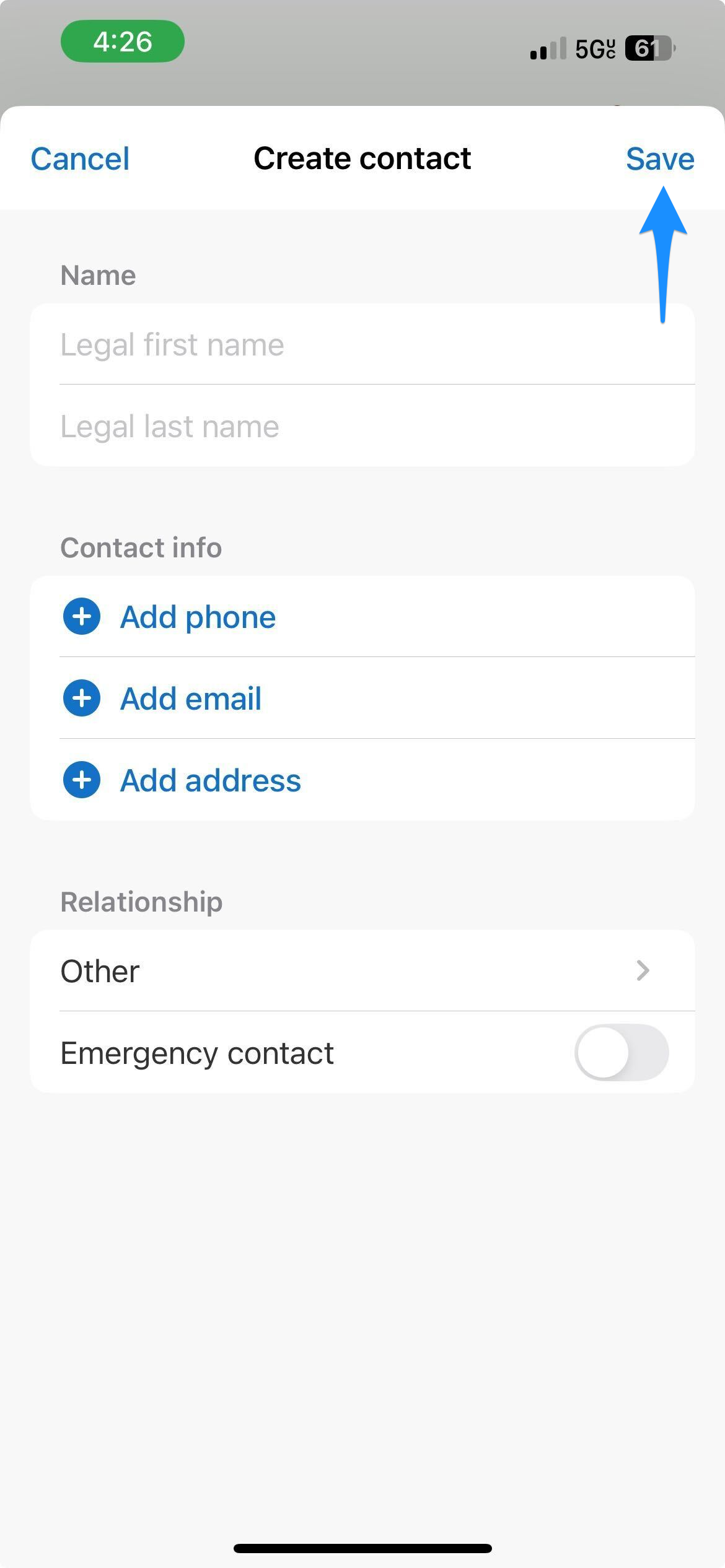 Blue arrow points to the Save button used to create a new contact.