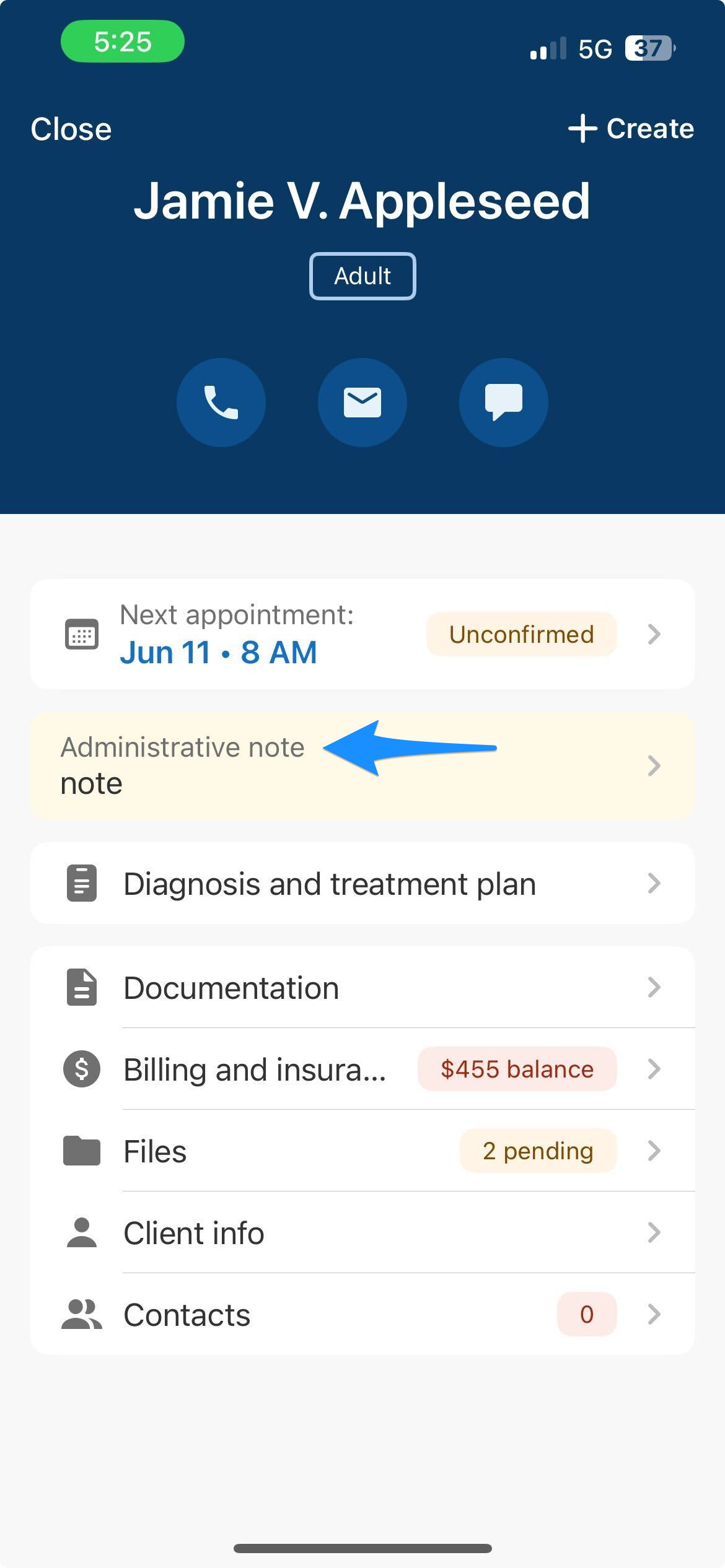 Blue arrow points to the saved Administrative note card displayed on the client Overview screen.