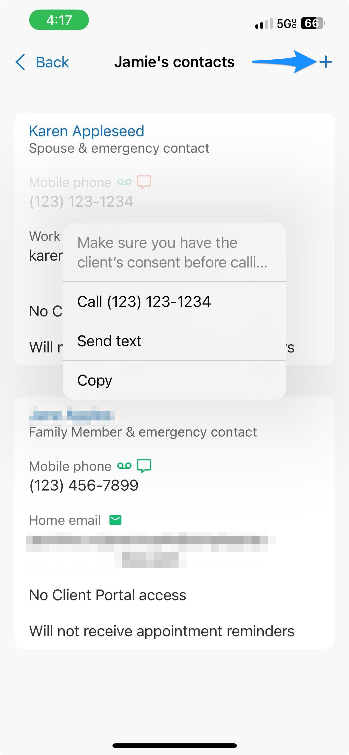 Blue arrow points to the + button used to add a contact from the client's Contacts screen.