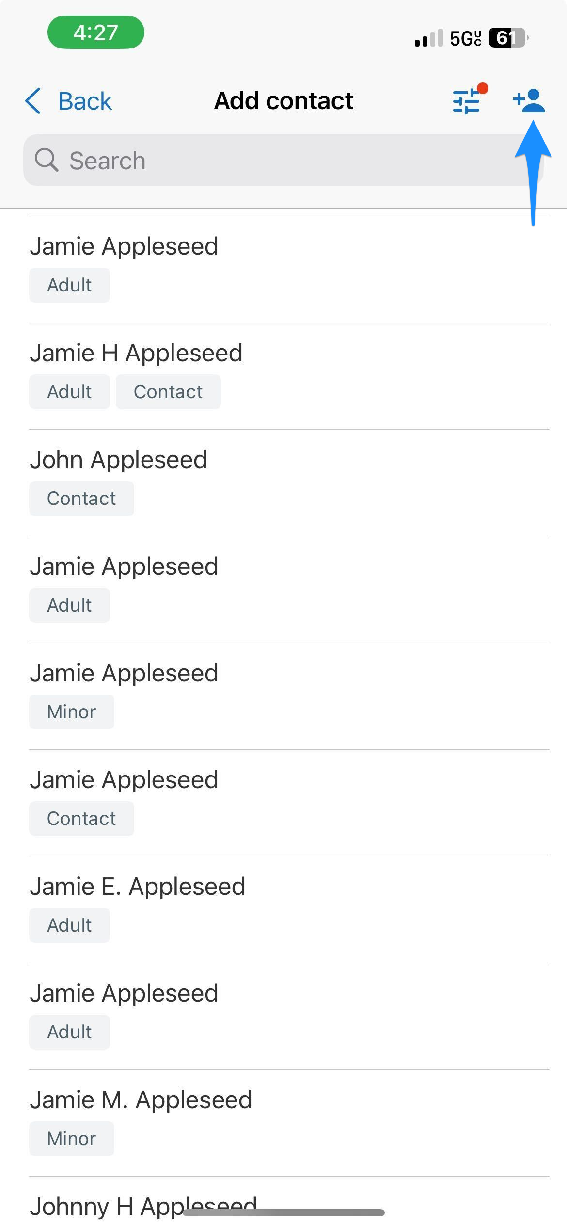 Blue arrow points to the Add Contact button on the contact selection screen.