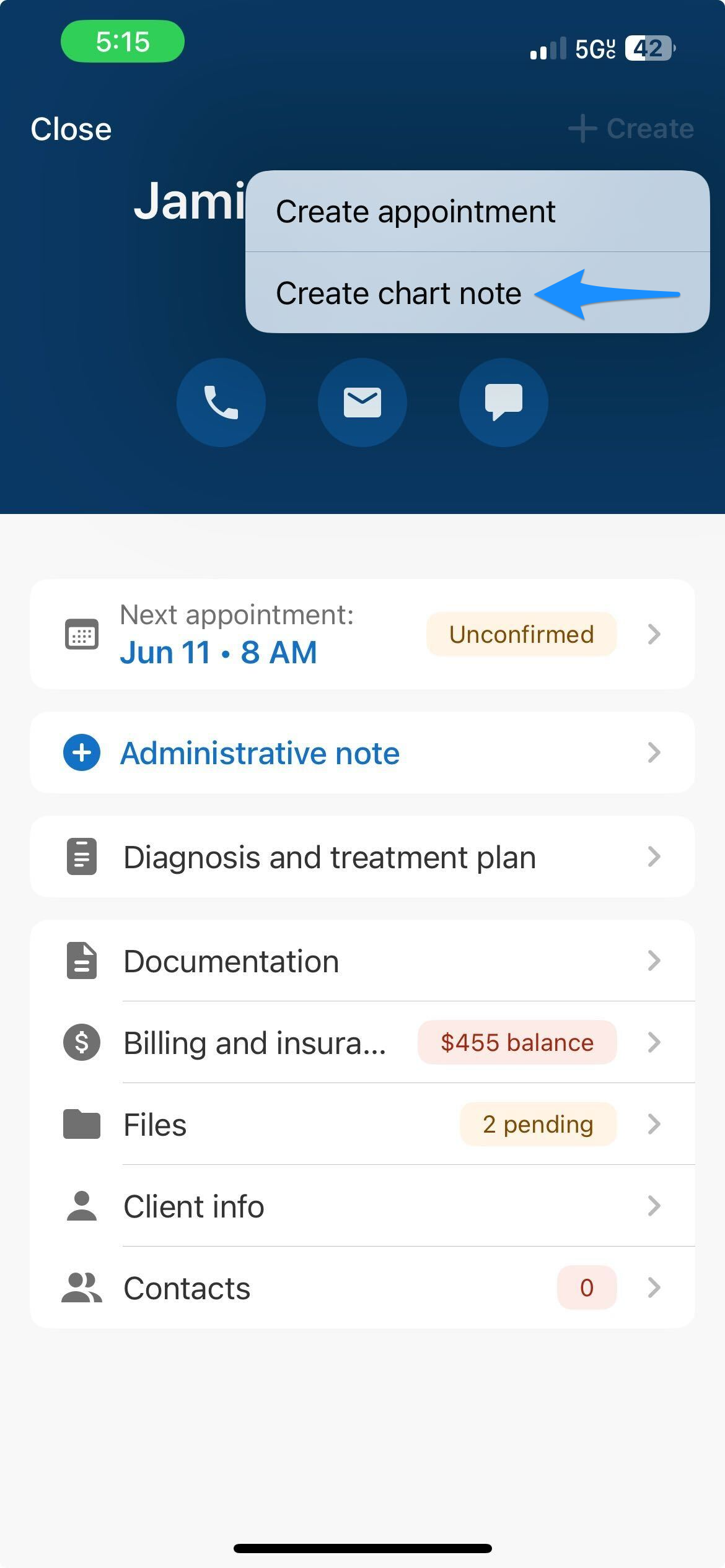Blue arrow points to the Create chart note option in the Create menu on the client's Overview screen.