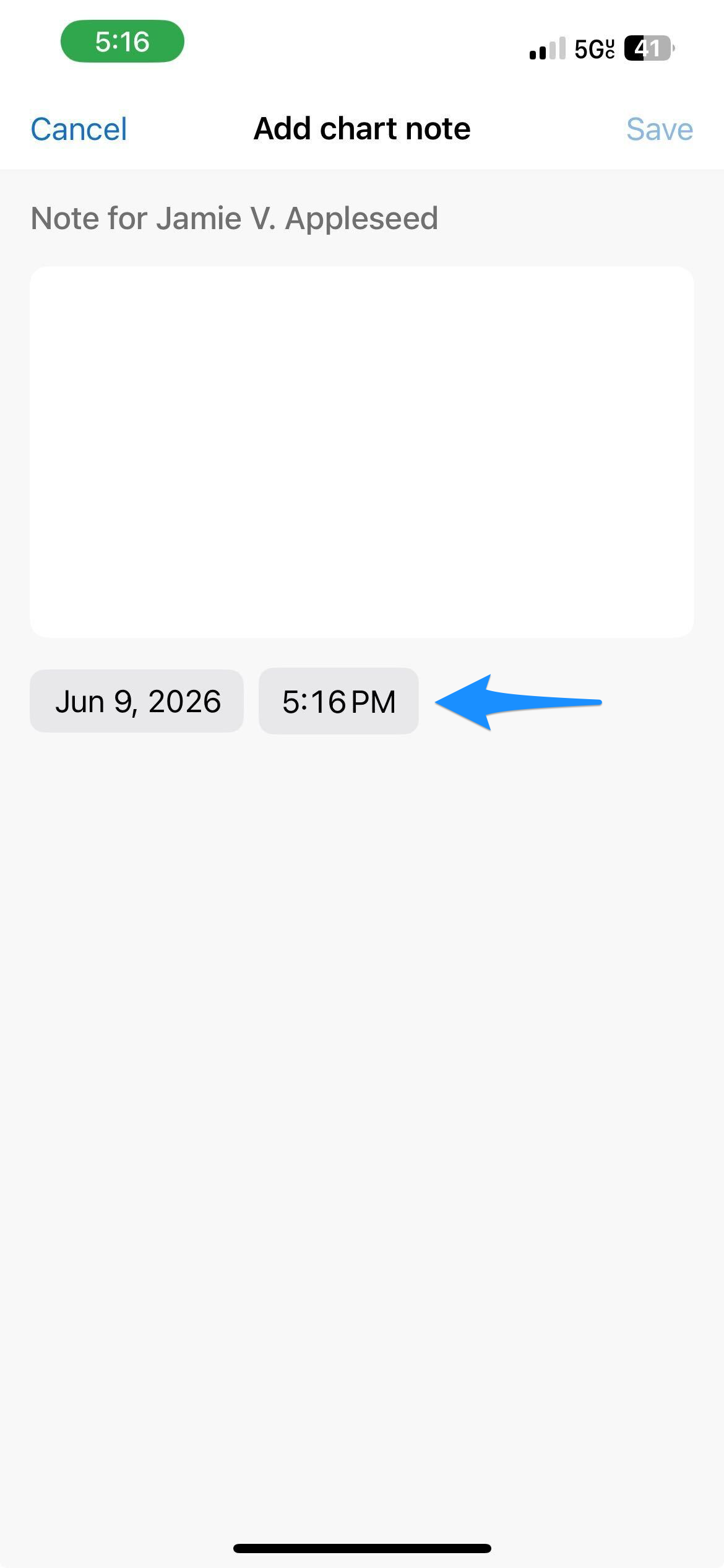 Blue arrow points to the time field when adding a chart note for a client.