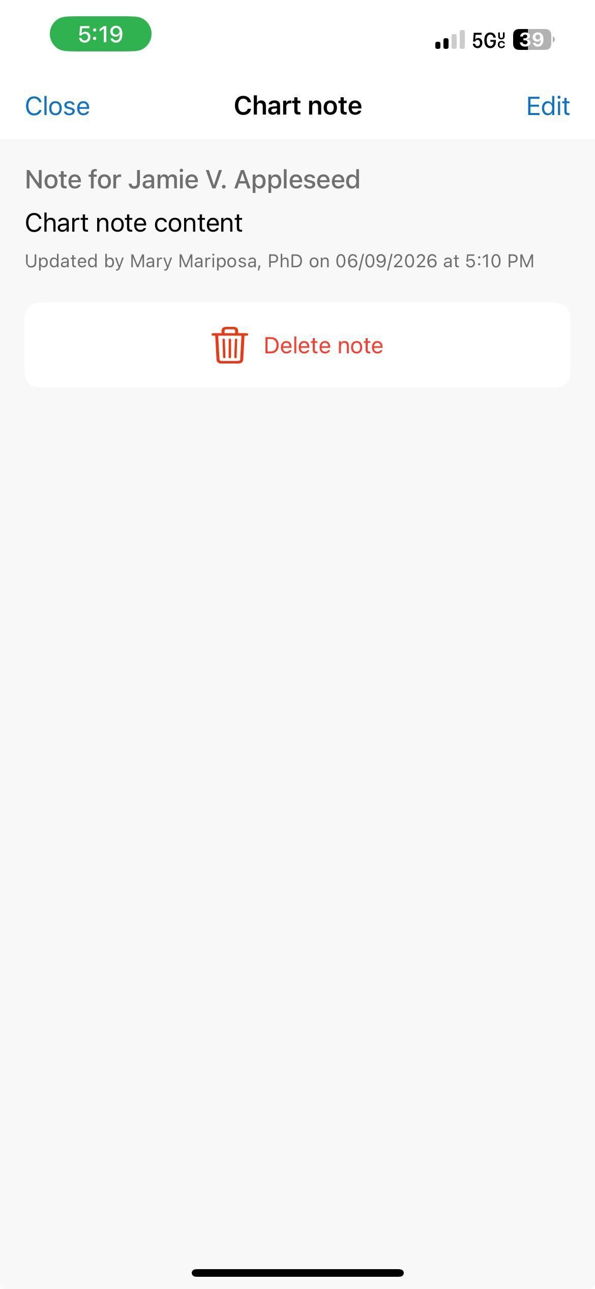 Edit and Delete note options on the chart note screen