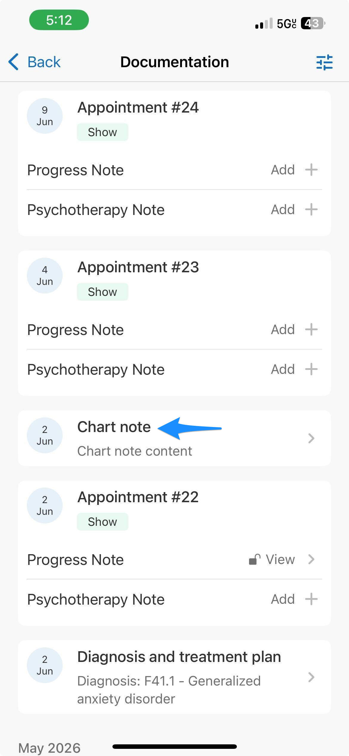 Blue arrow points to a chart note entry in the client's Documentation screen.