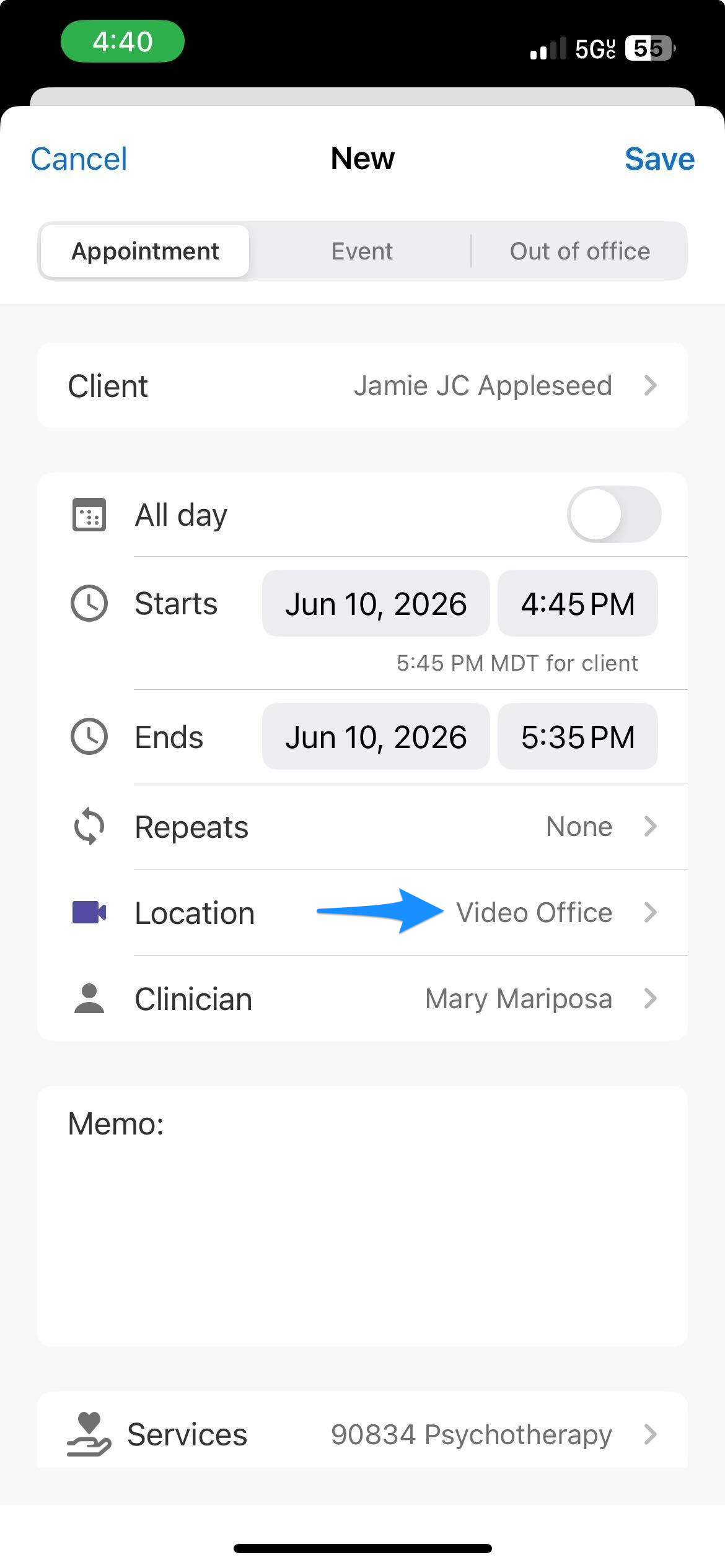 Blue arrow points to the Location field when creating an appointment.