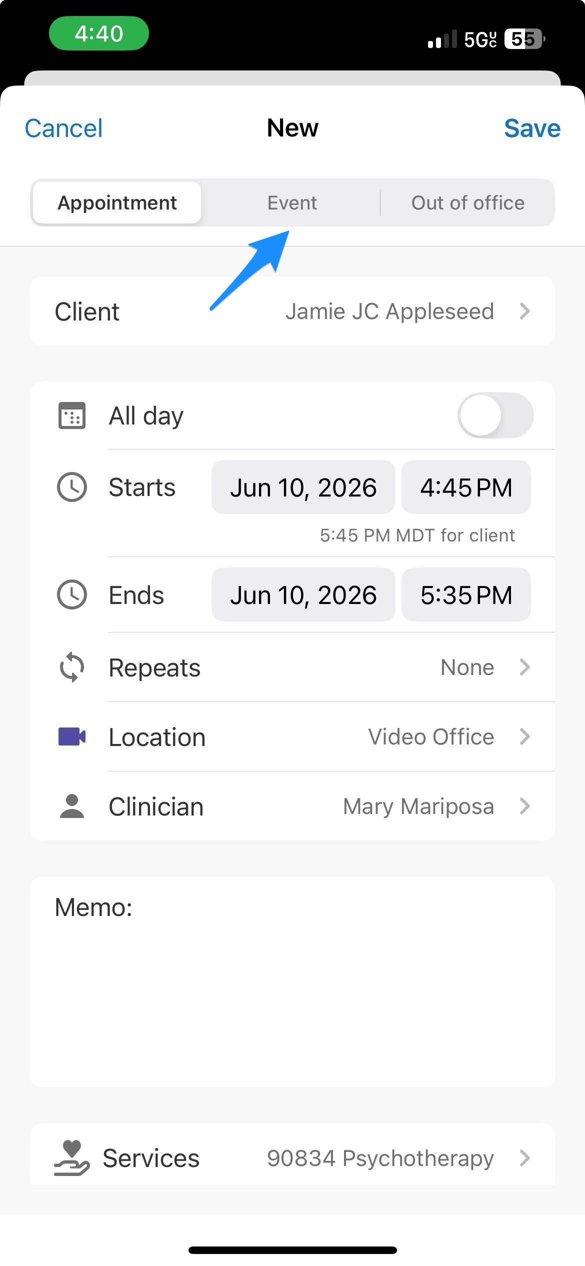 Image 3: Blue arrow points to the Event tab when creating a new calendar item.