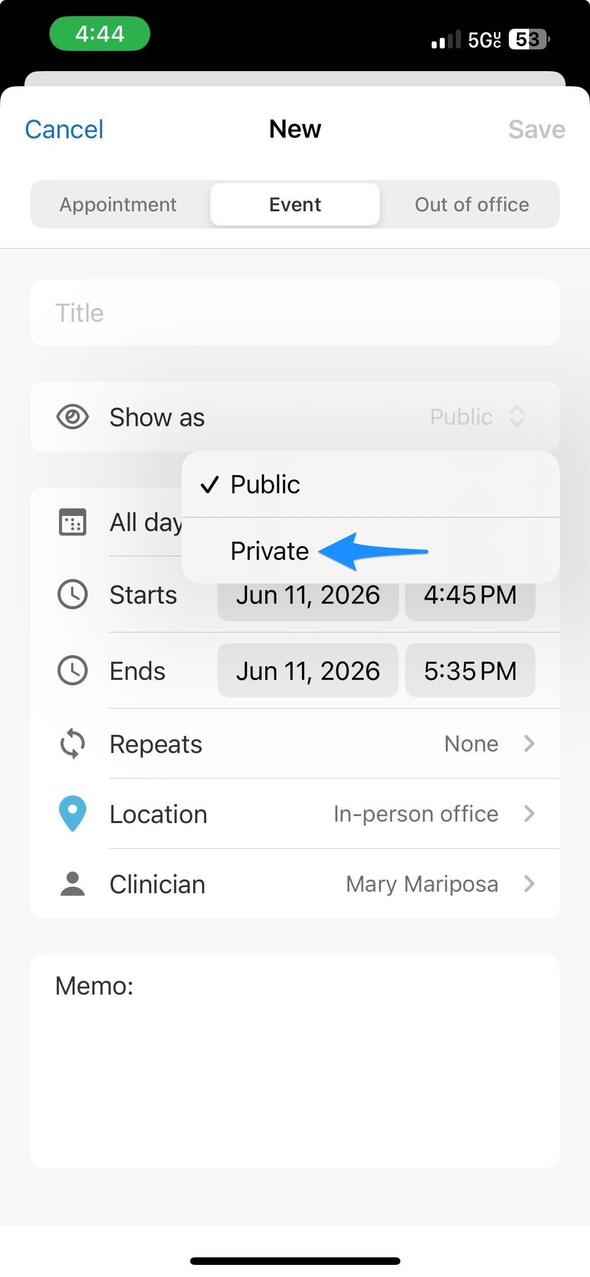 Blue arrow points to the Private visibility option for an event.