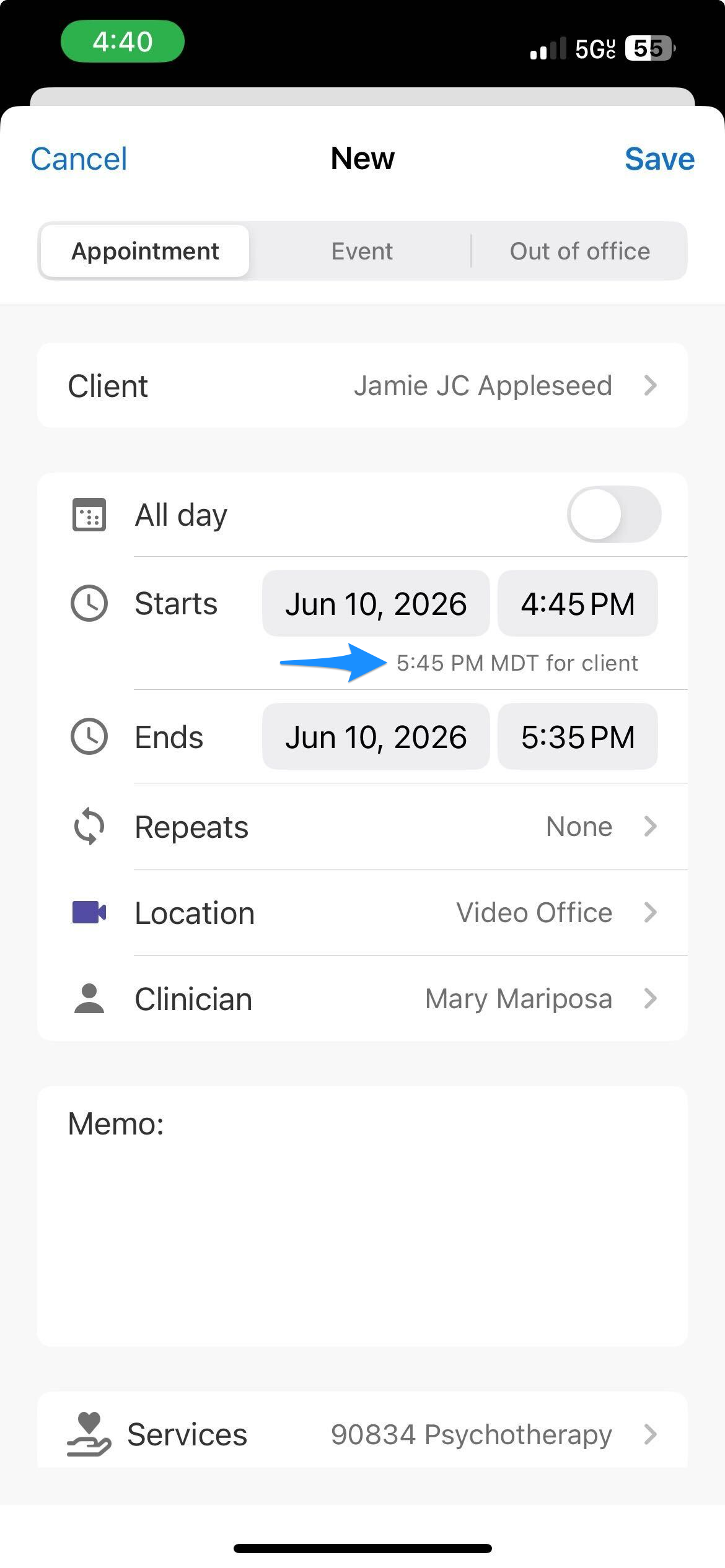 Blue arrow points to the client's appointment time displayed in their local time zone when creating an appointment.