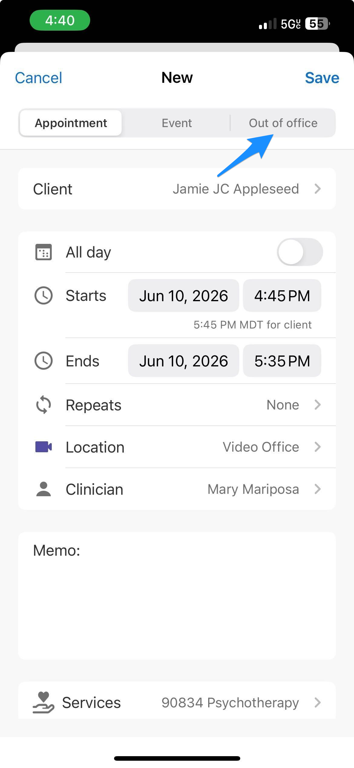 Blue arrow points to the Out of office tab when creating a new calendar item.