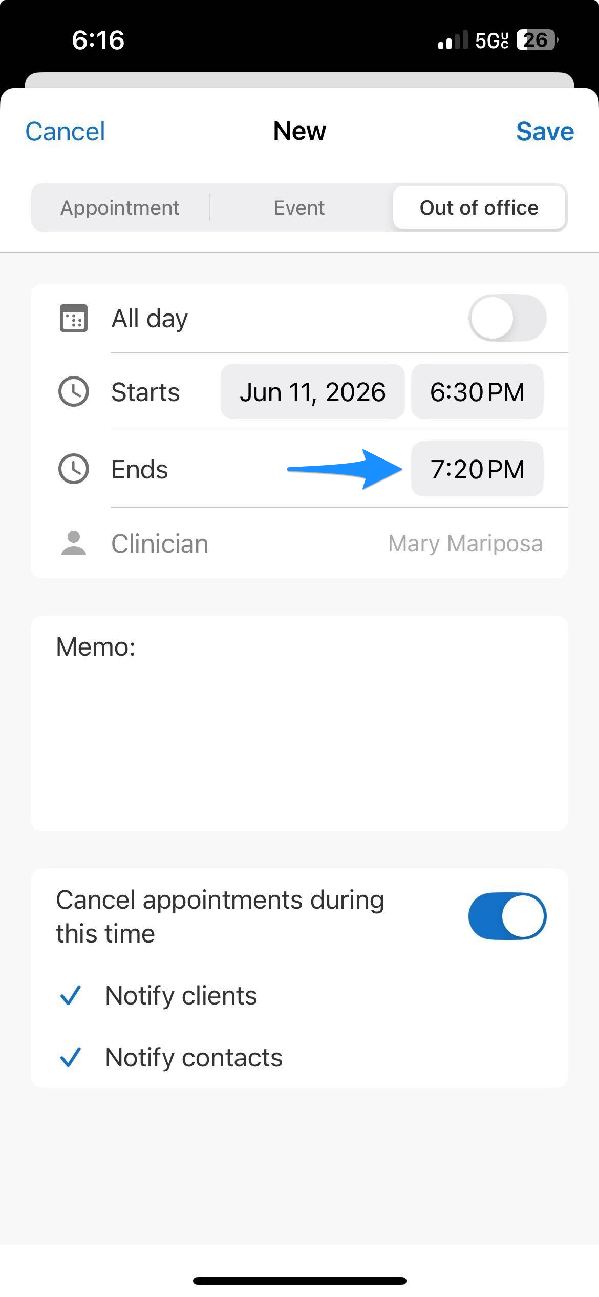 Blue arrow points to the end time field for an out-of-office event.