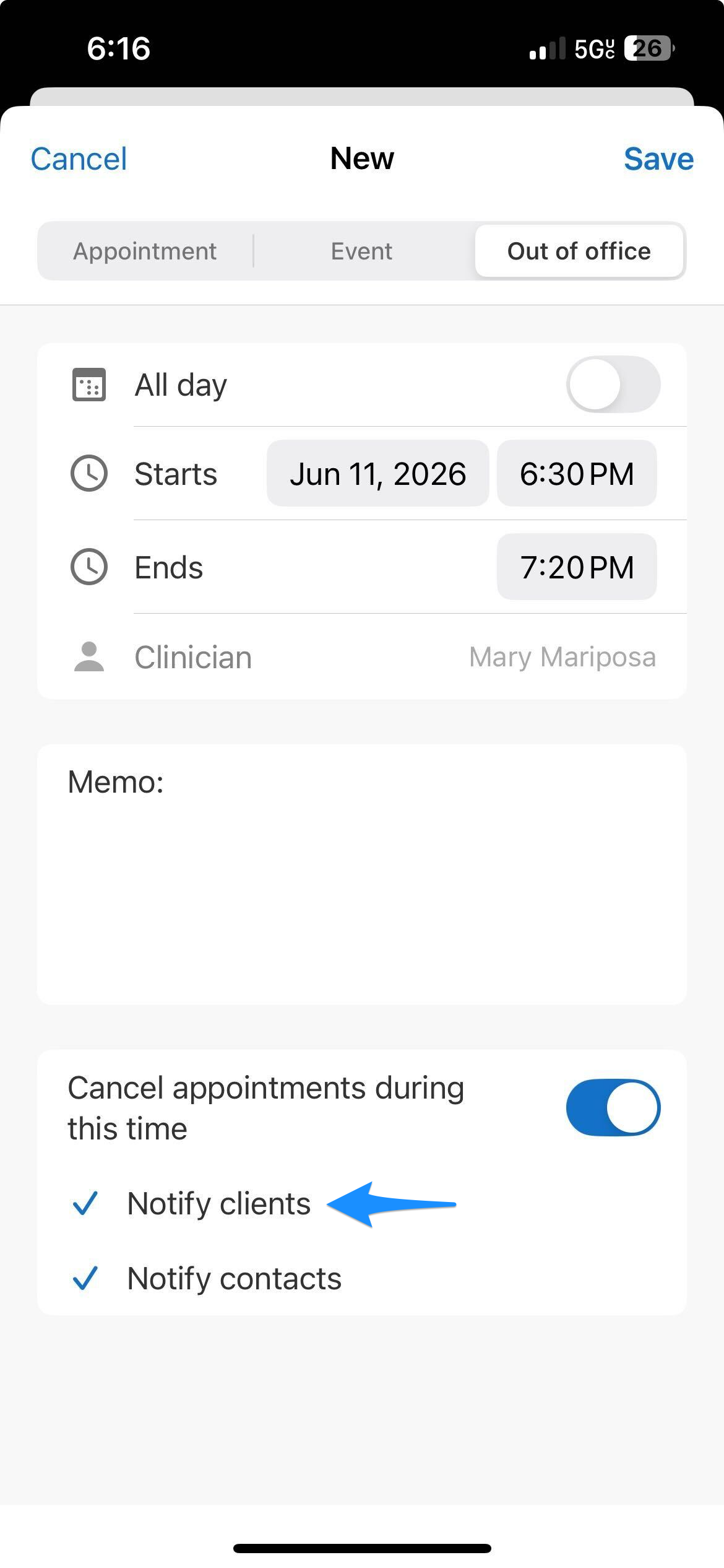 Blue arrow points to the Notify clients option for an out-of-office event.