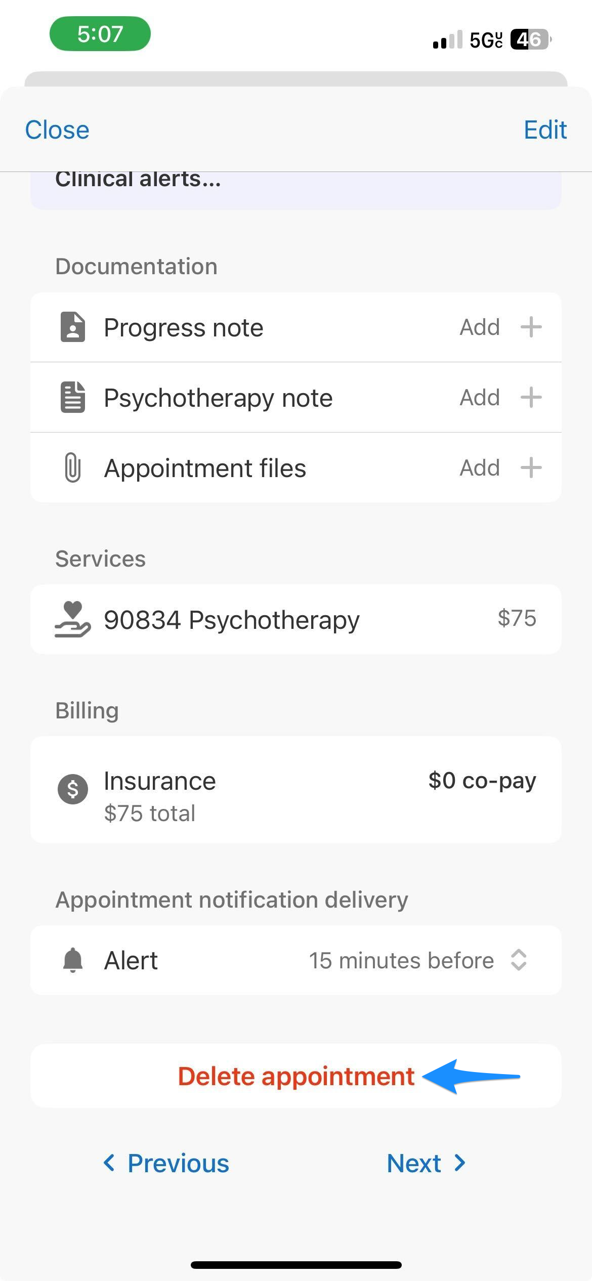 Blue arrow points to the Delete appointment option on the appointment details screen.