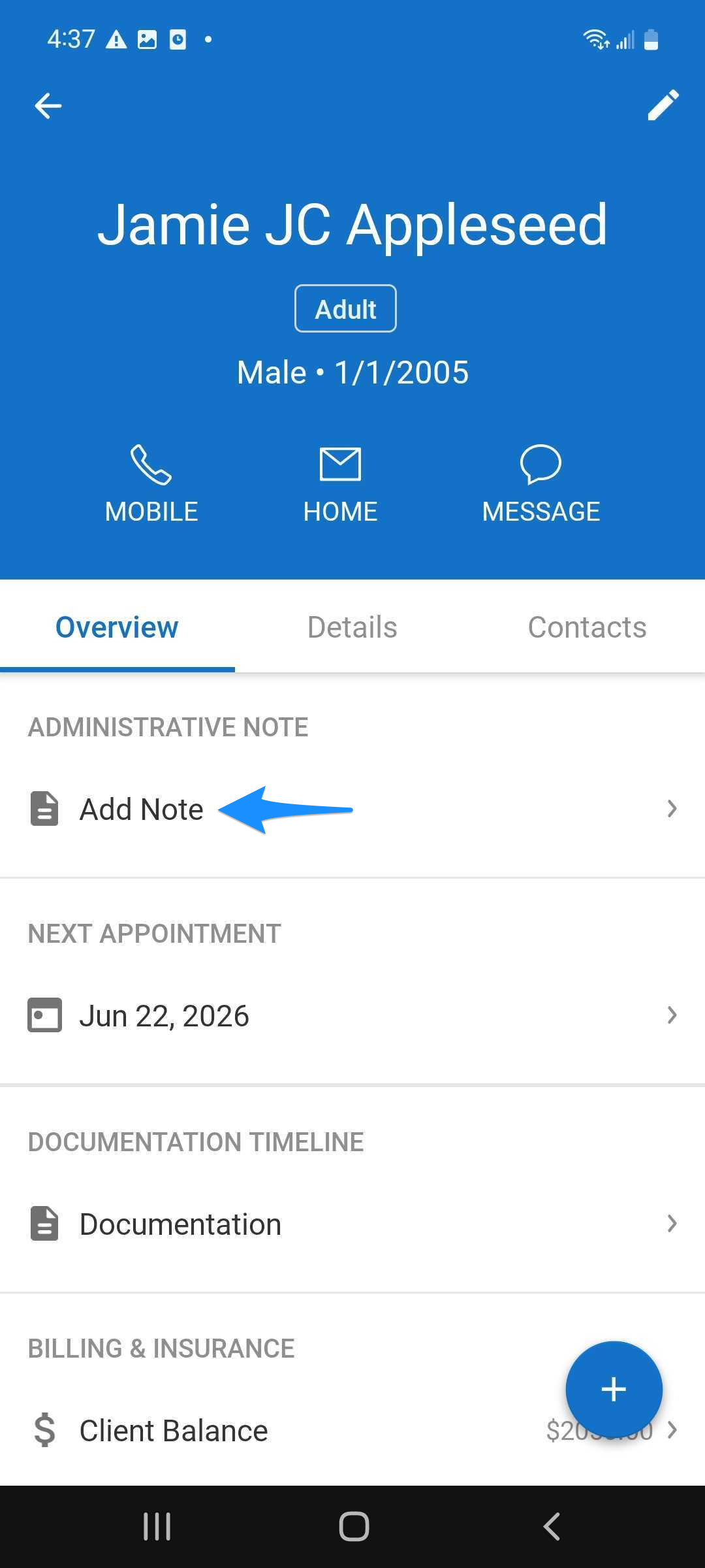 Blue arrow points to the Add Note option in the client's Overview screen.