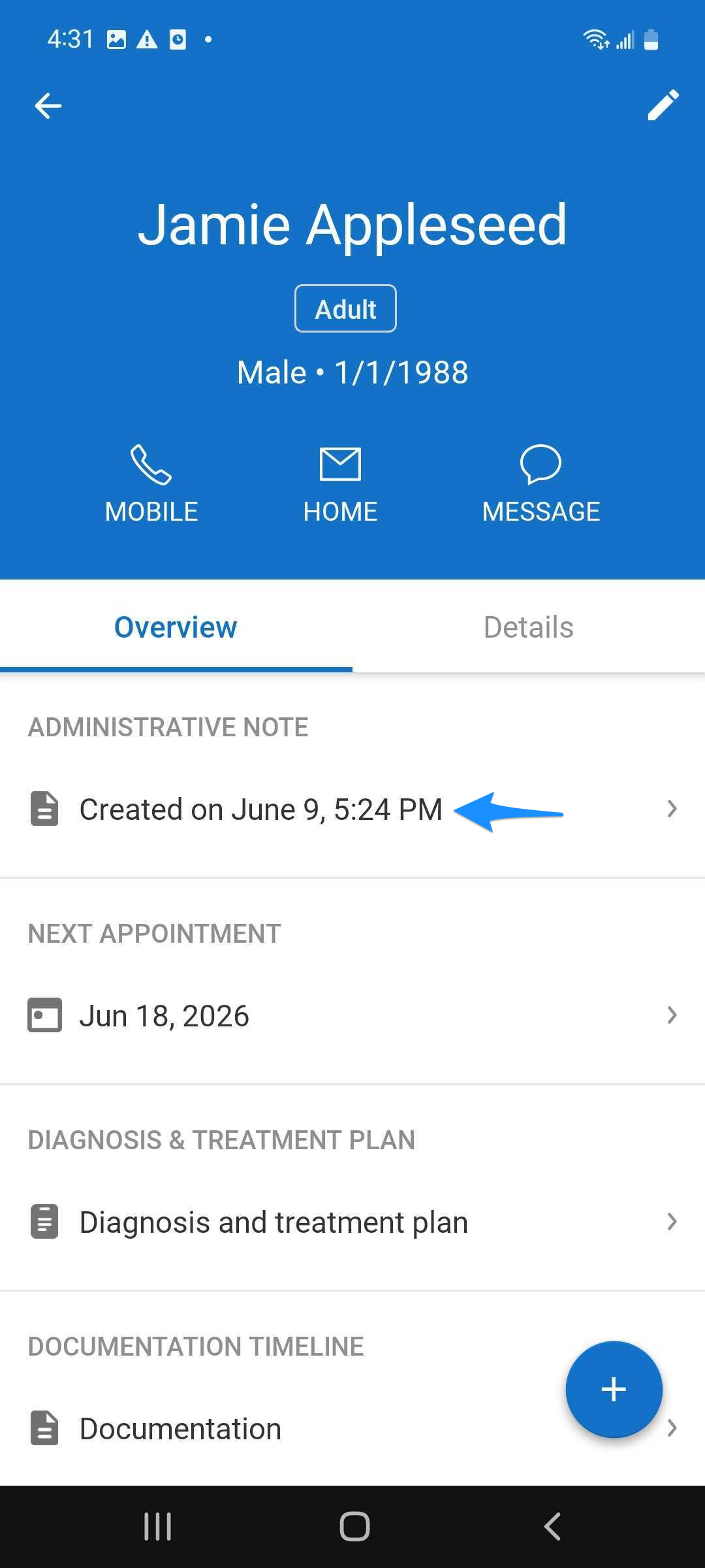 Blue arrow points to an existing administrative note displayed in the client's Overview screen.