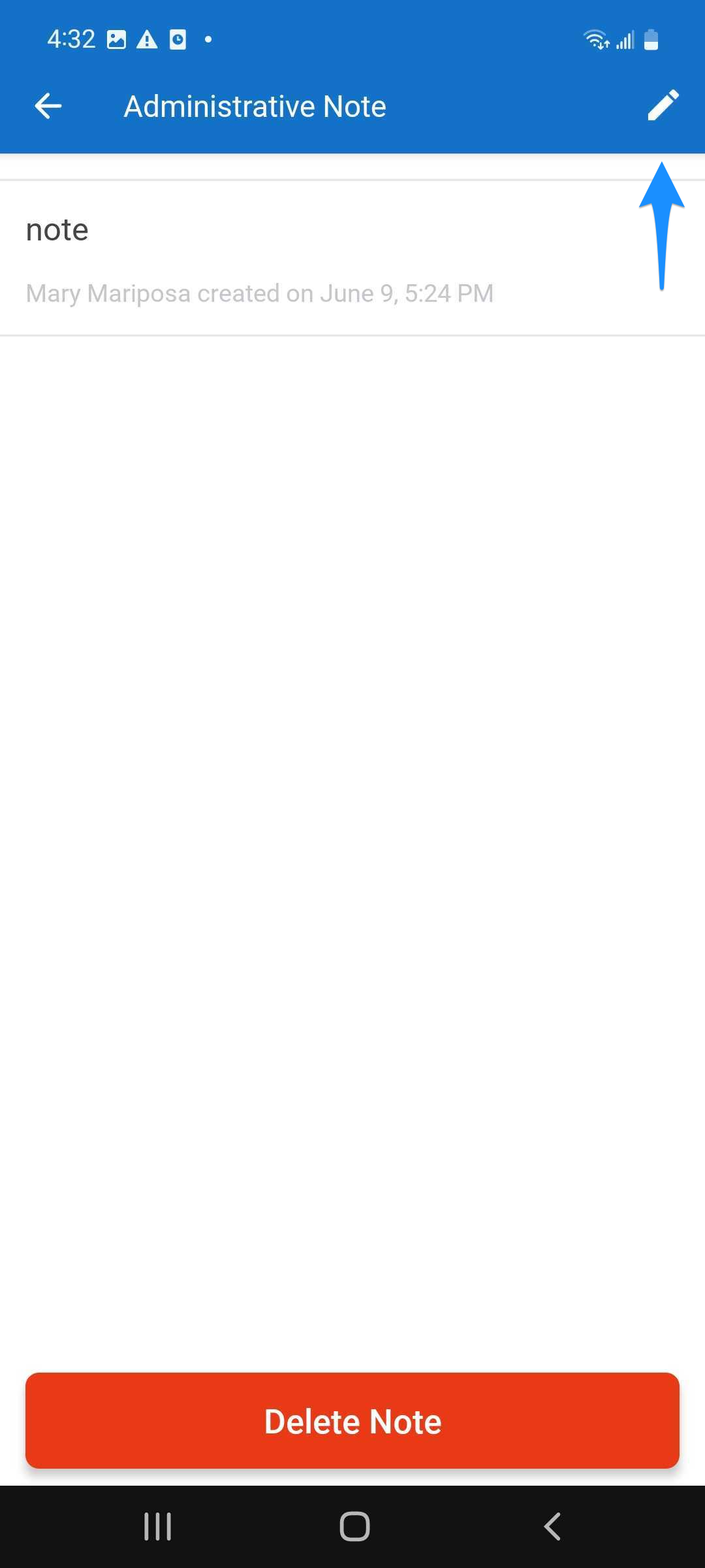 Blue arrow points to the Edit icon for modifying an administrative note.