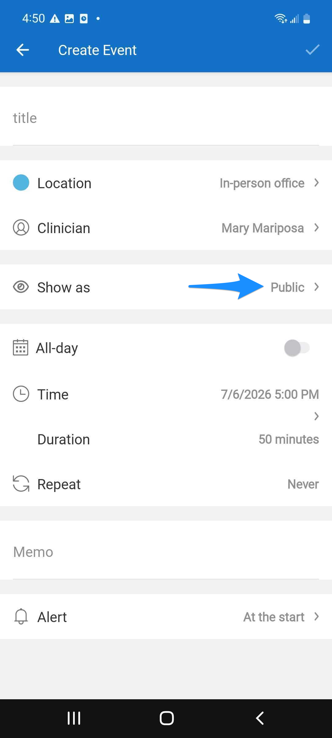 Blue arrow points to the Show as visibility setting for an event