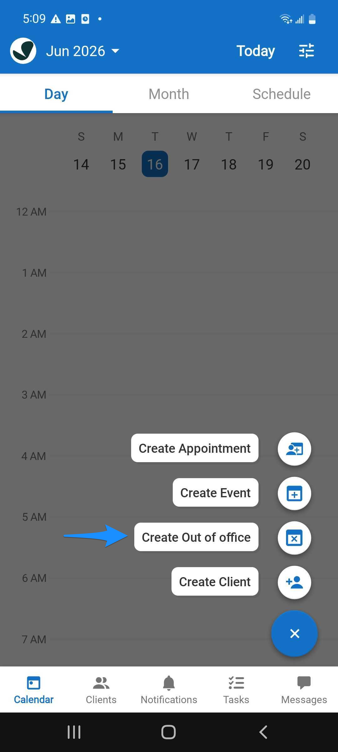 Blue arrow points to the Create Out of office option from the Calendar quick-create menu.