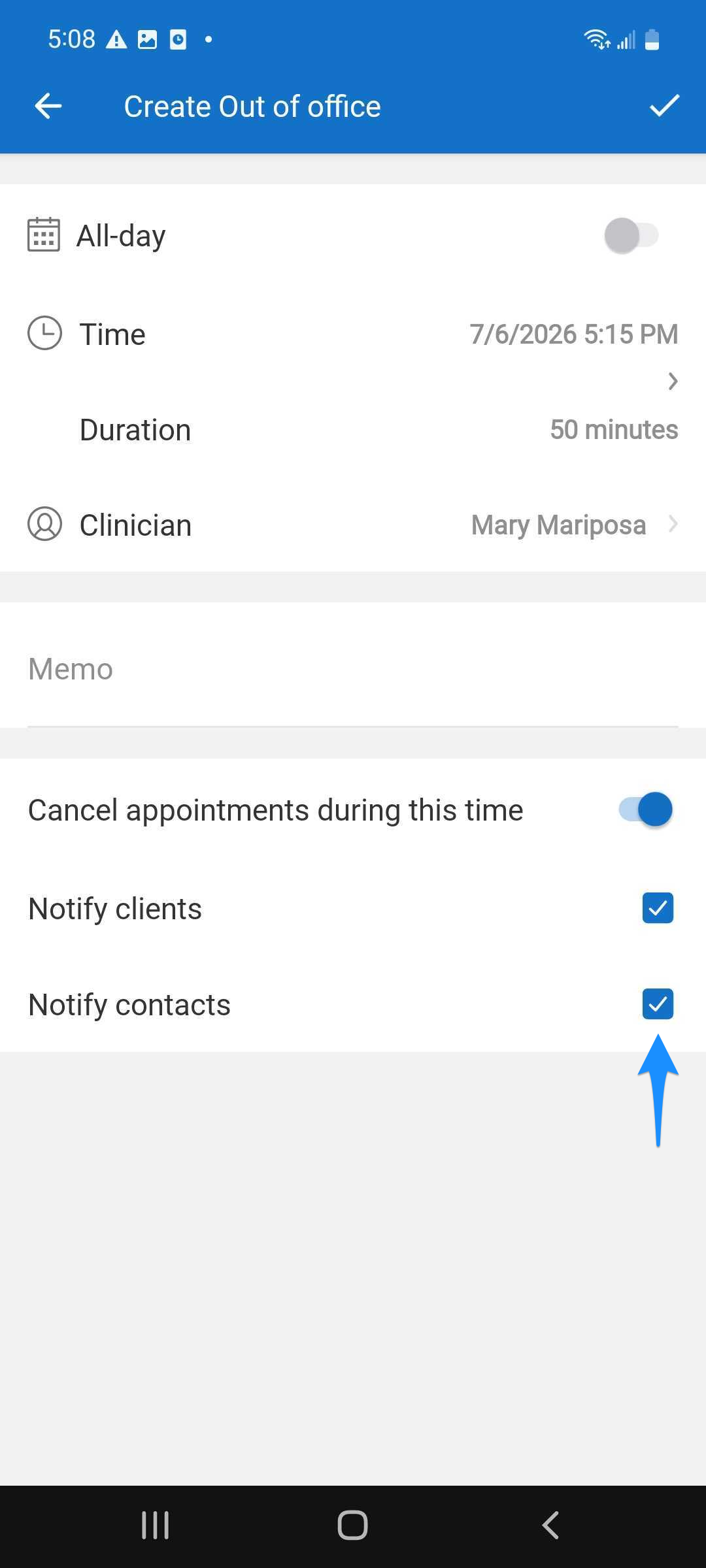 Blue arrow points to the Notify contacts option when creating an out-of-office event.
