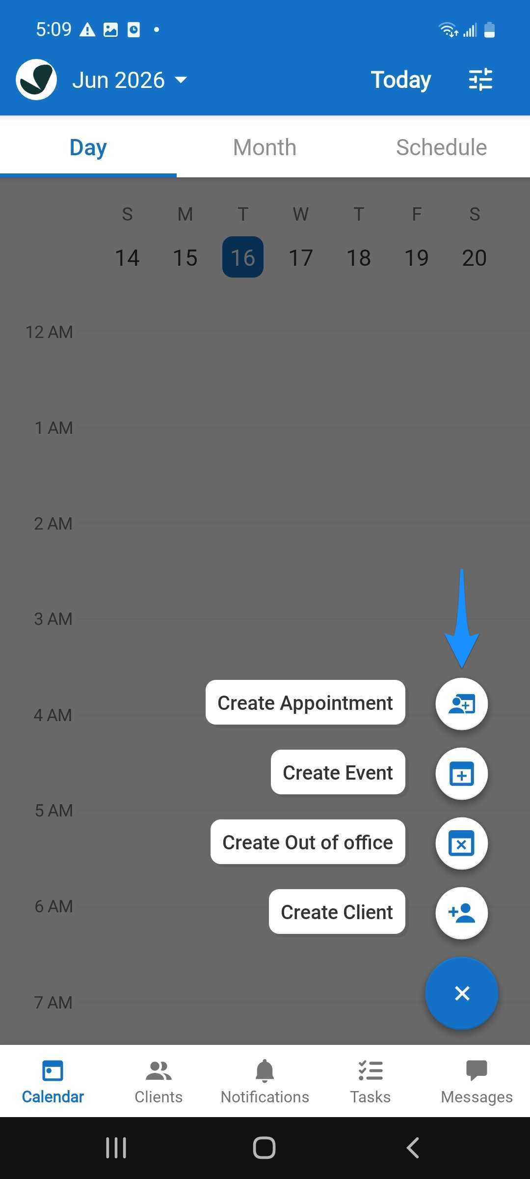 Blue arrow points to the Create Appointment option from the Calendar quick-create menu.