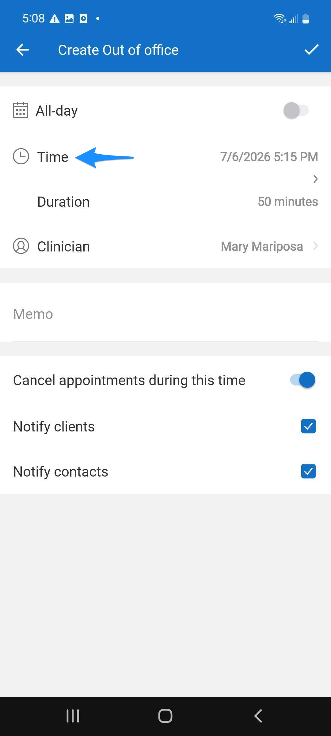 Blue arrow points to the Time field when creating an out-of-office event.