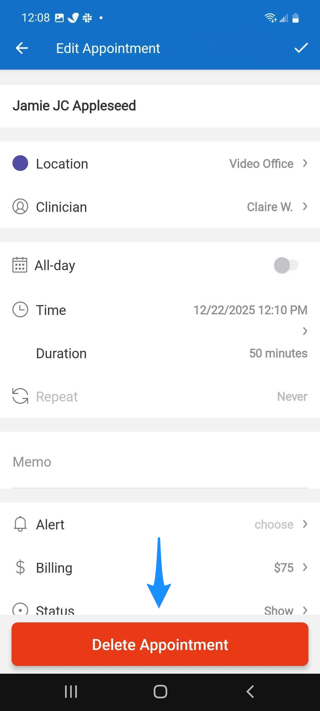 Blue arrow points to the Delete Appointment button when editing an appointment.
