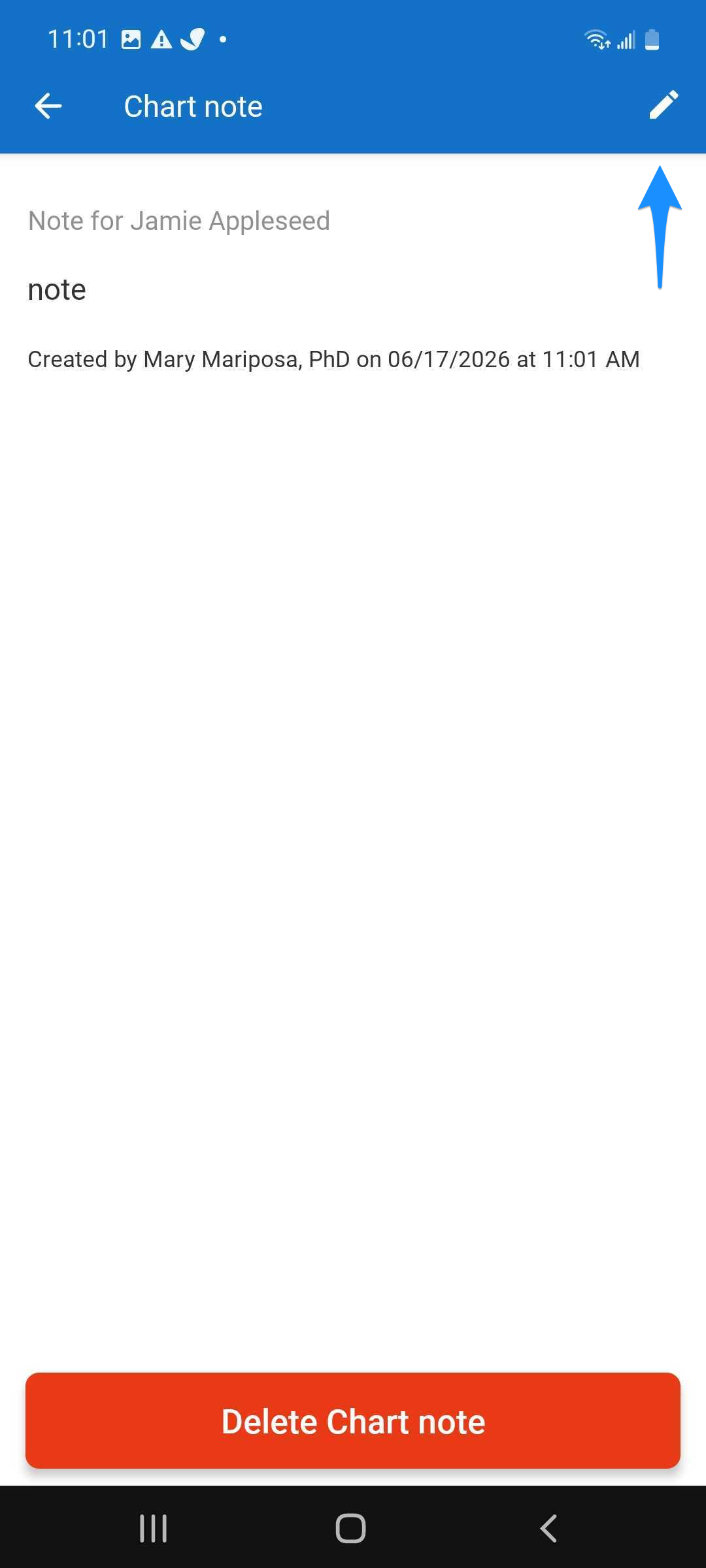 Blue arrow points to the Edit button for an existing chart note.