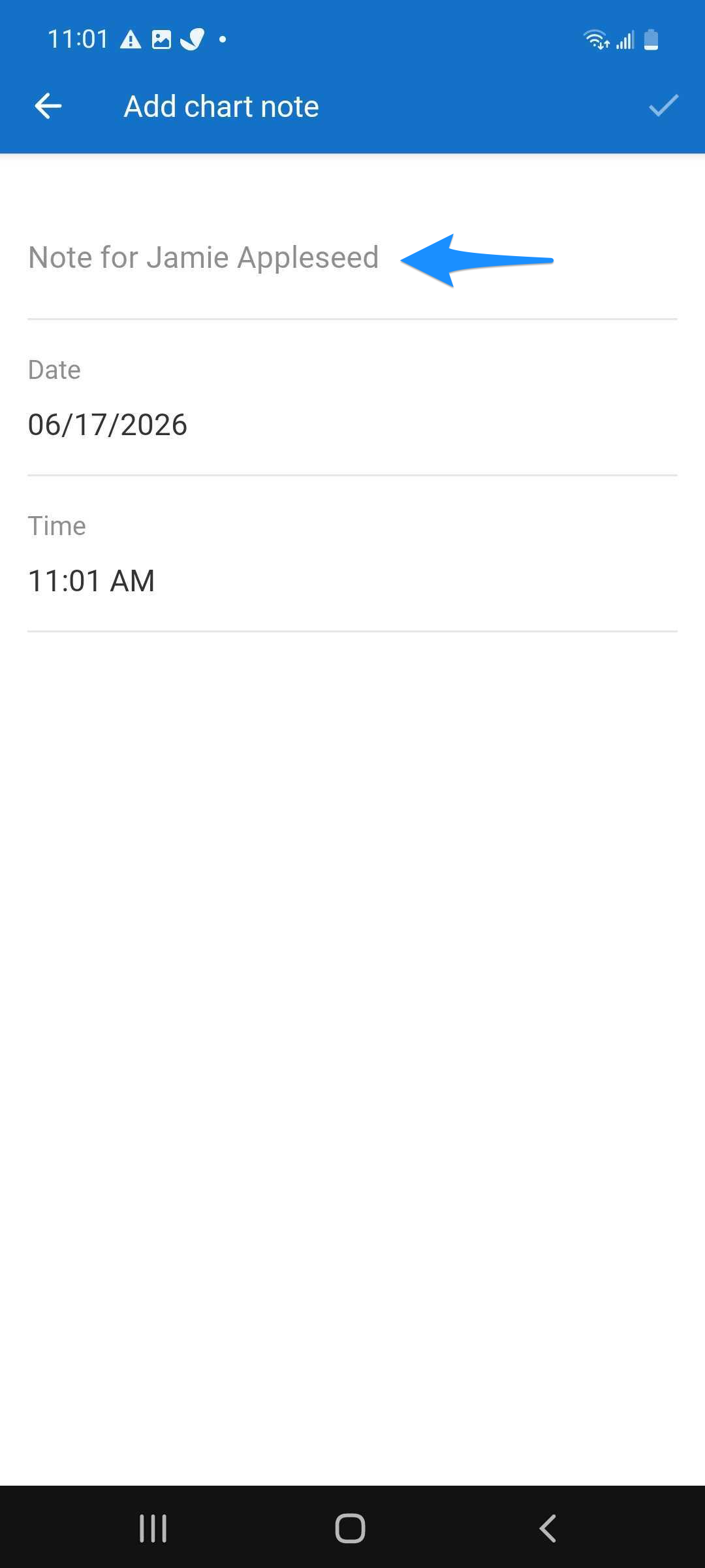 Blue arrow points to the field to enter note content from the Client Overview.