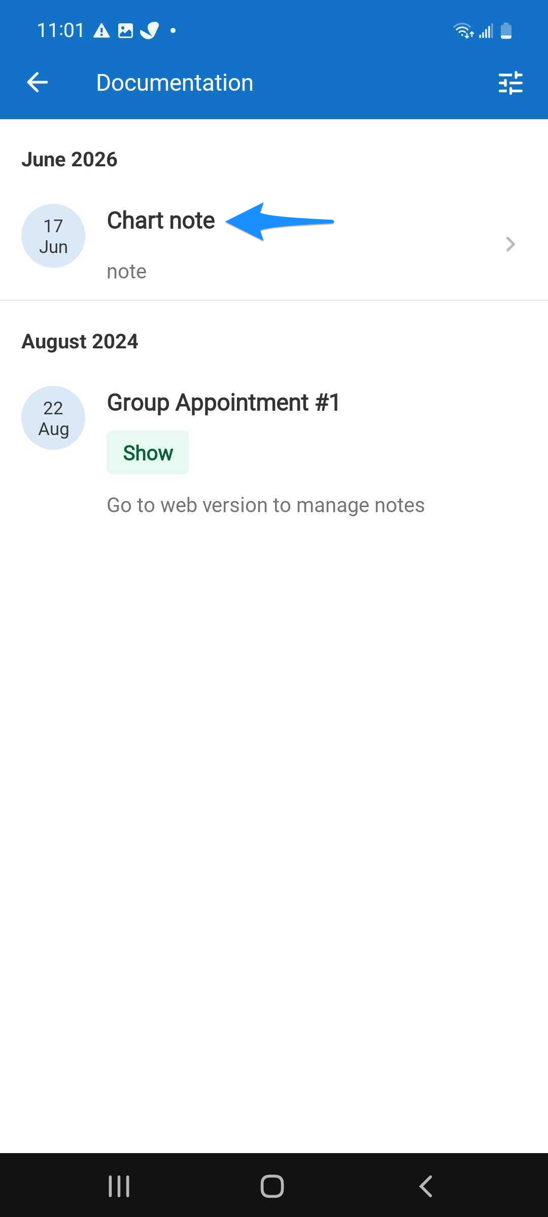 Blue arrow points to a created chart note in the client's Documentation page.