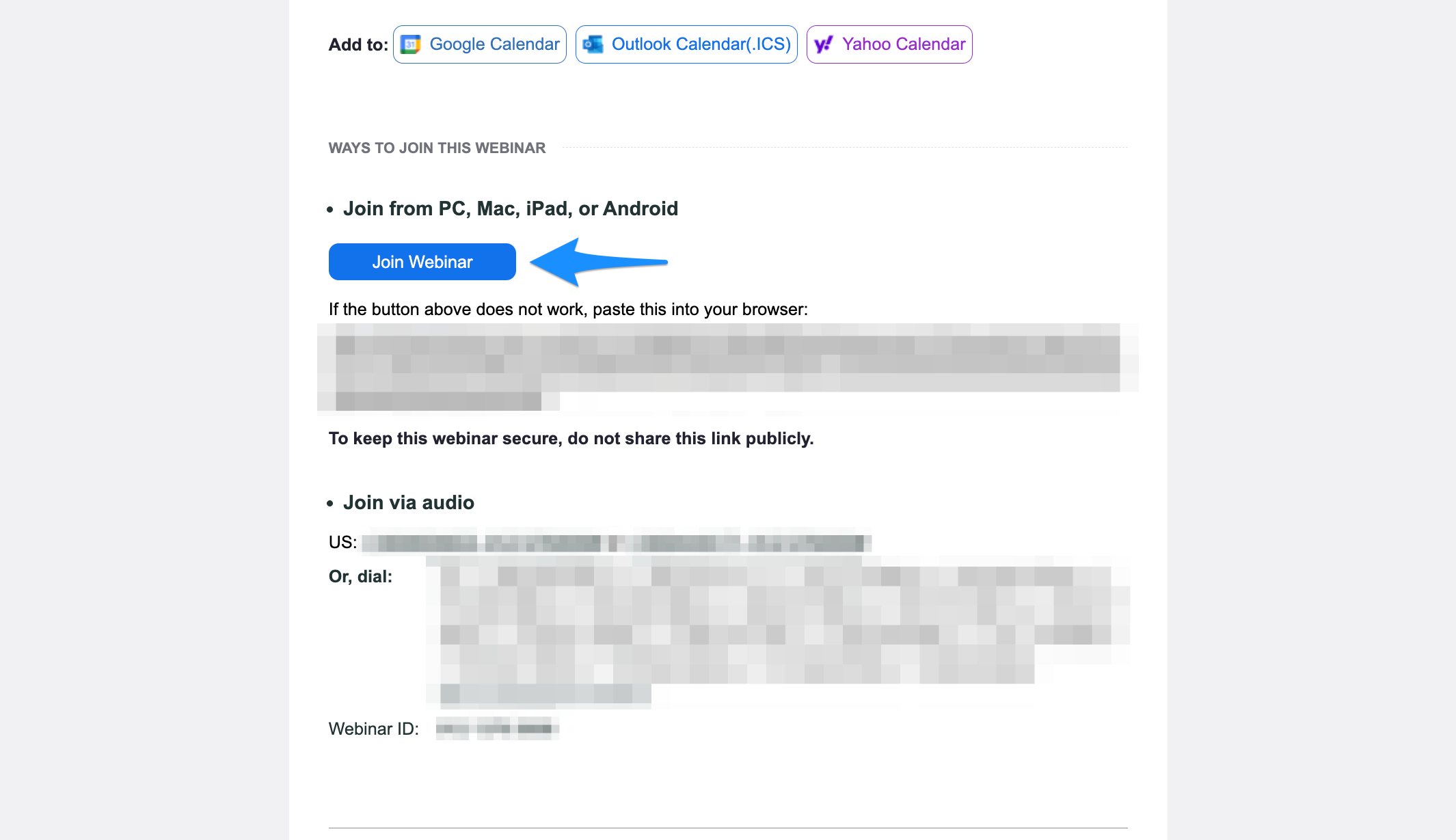 Blue arrow points to the Join Webinar button in a Zoom webinar invitation email under the Ways to join this webinar section.